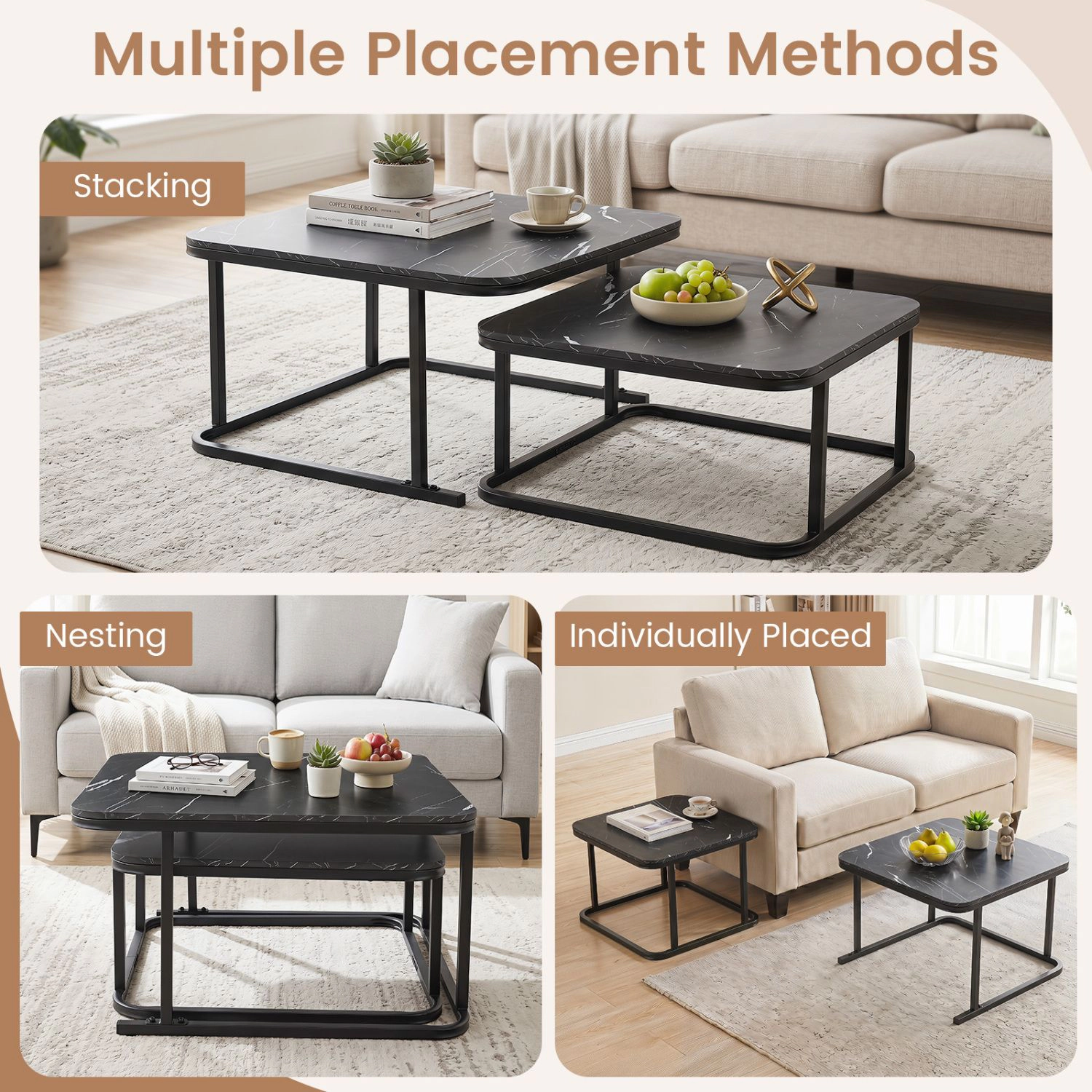 SlickBlue Nesting Coffee Table Set of 2 with Faux Marble Top