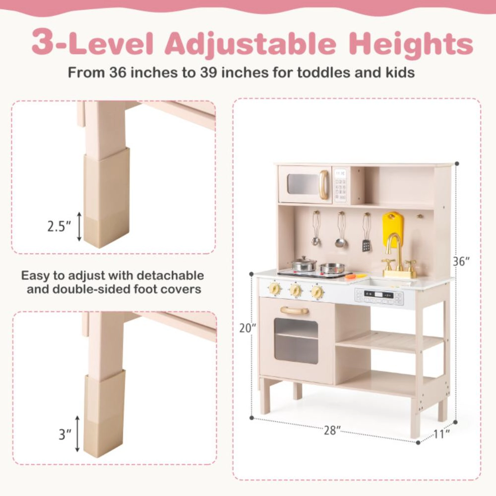 Hivvago Play Kitchen Height Adjustable With Microwave And Lights And Sounds-Pink