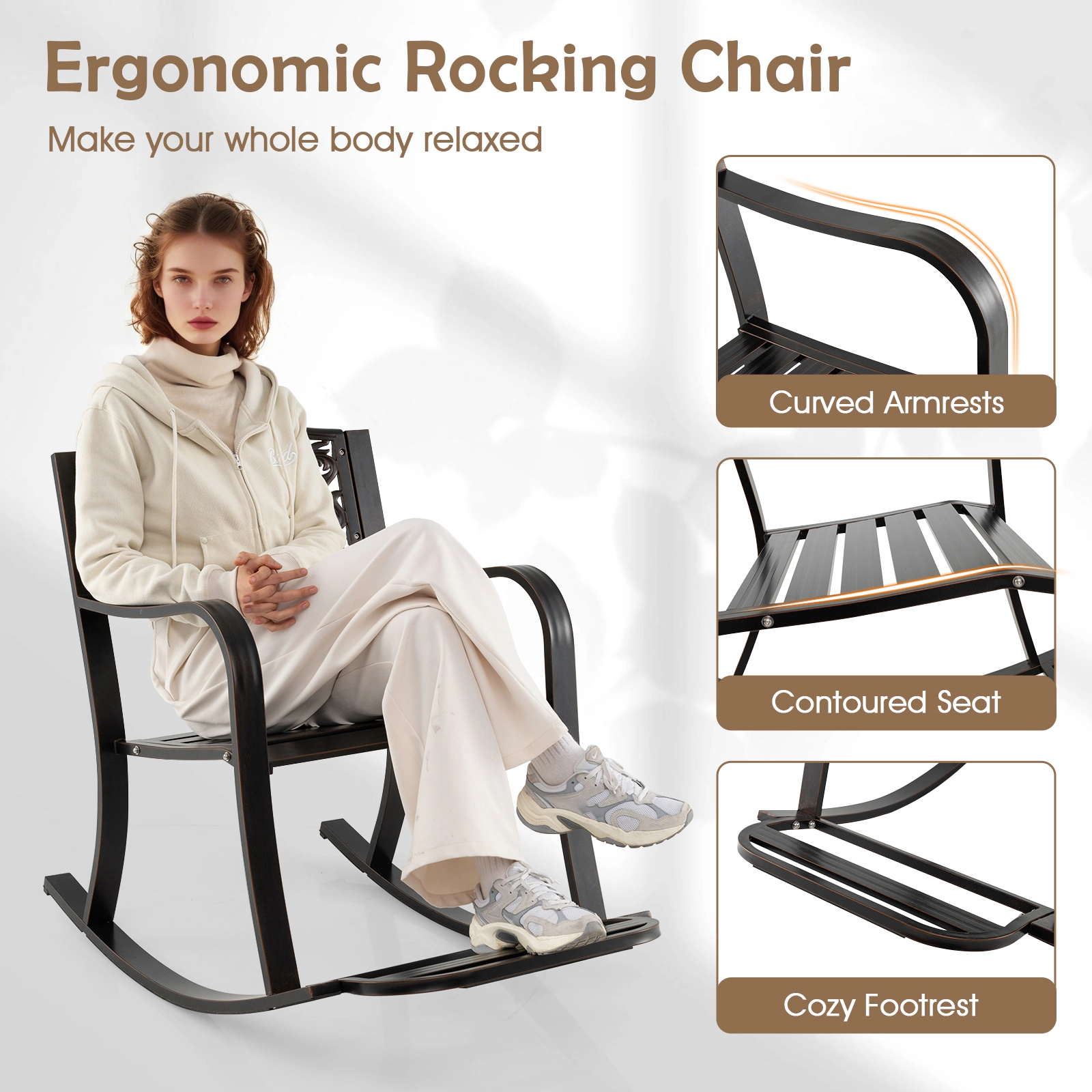 SUGIFT Cast Aluminum Patio Rocking Chair with Footrest and Curved Armrests 330-Lb Capacity 40-in Frame Antique Brown