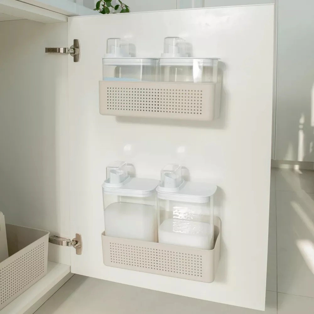 OU Laundry Detergent Dispenser & Wall-Mounted Storage Organizer Set, 2 Pack 50oz Clear Soap with Measuring Cap