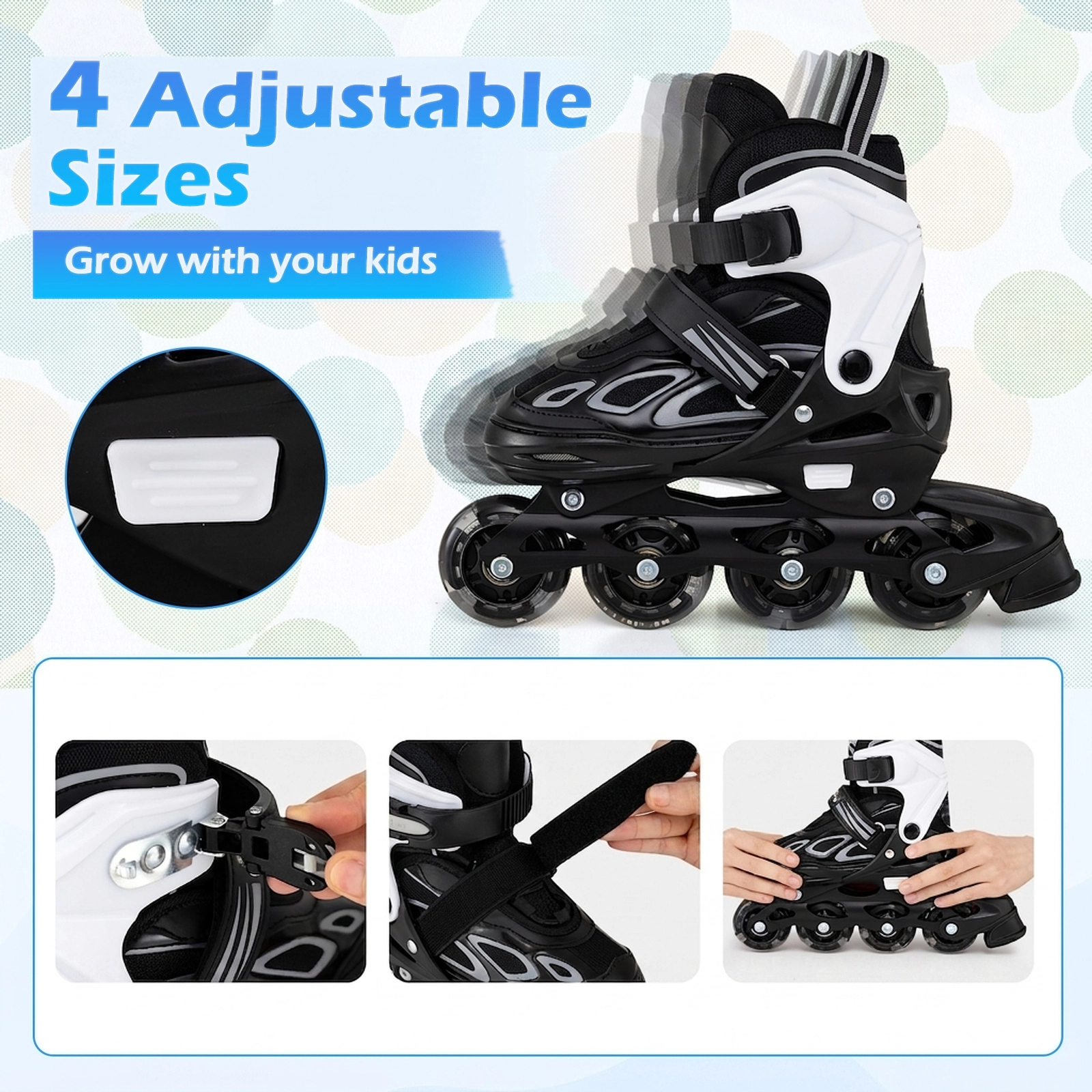 SUGIFT 4-Size Adjustable Kids Inline Skates with Light-up Wheels Ages 7-9 White & Black / Black & Blue / Purple & Black