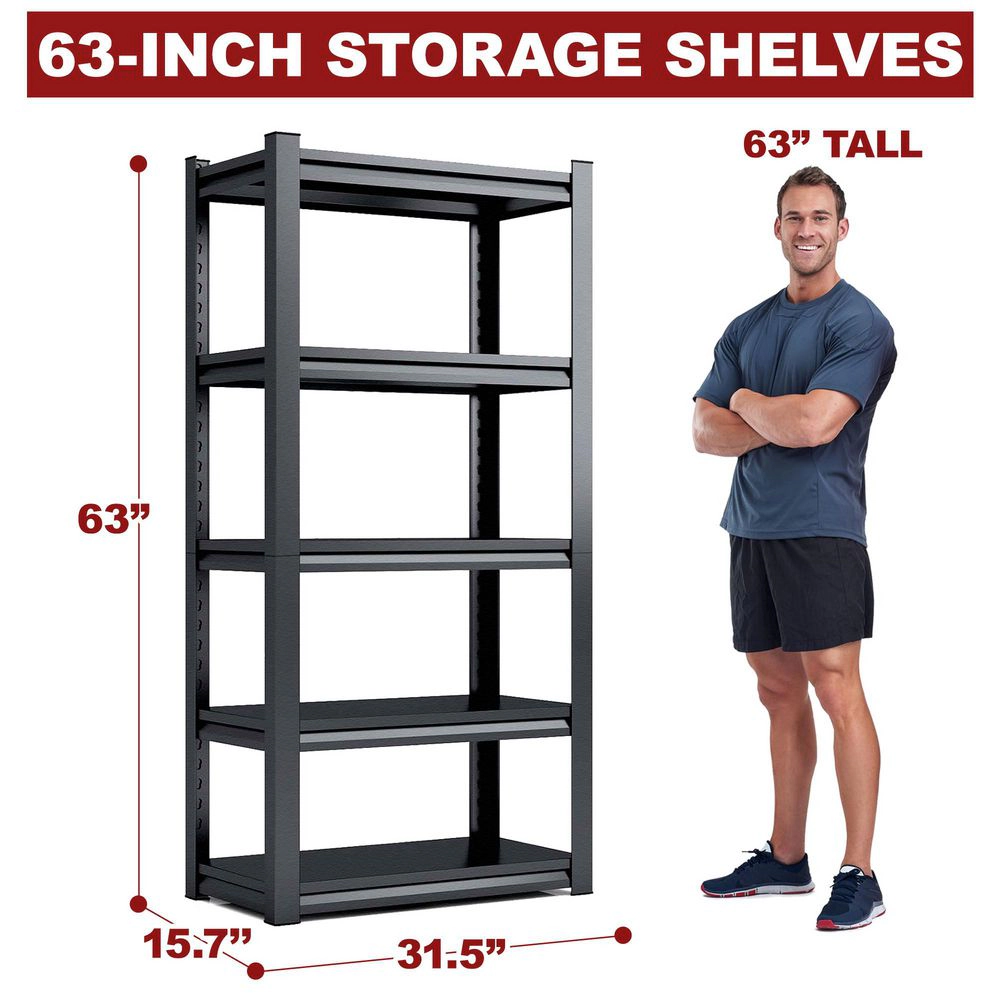 Flynama 5-Tier Heavy Duty Steel Freestanding Adjustable Storage Rack in Black (31.5 in. W x 63 in. H x 15.7 in. D)