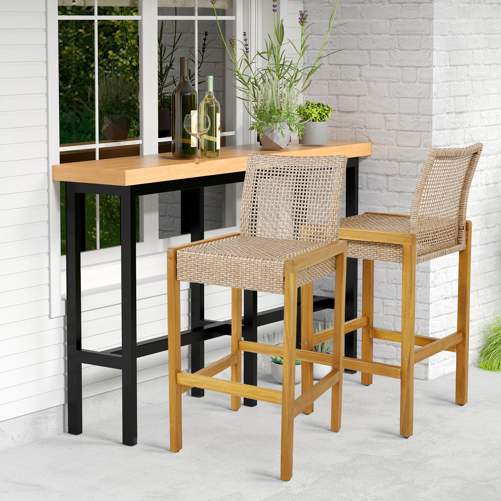 SUGIFT Rattan Patio Barstools Dining Chairs with Backrest 400-Lb Capacity 30-in Seat Height Light Brown Teak