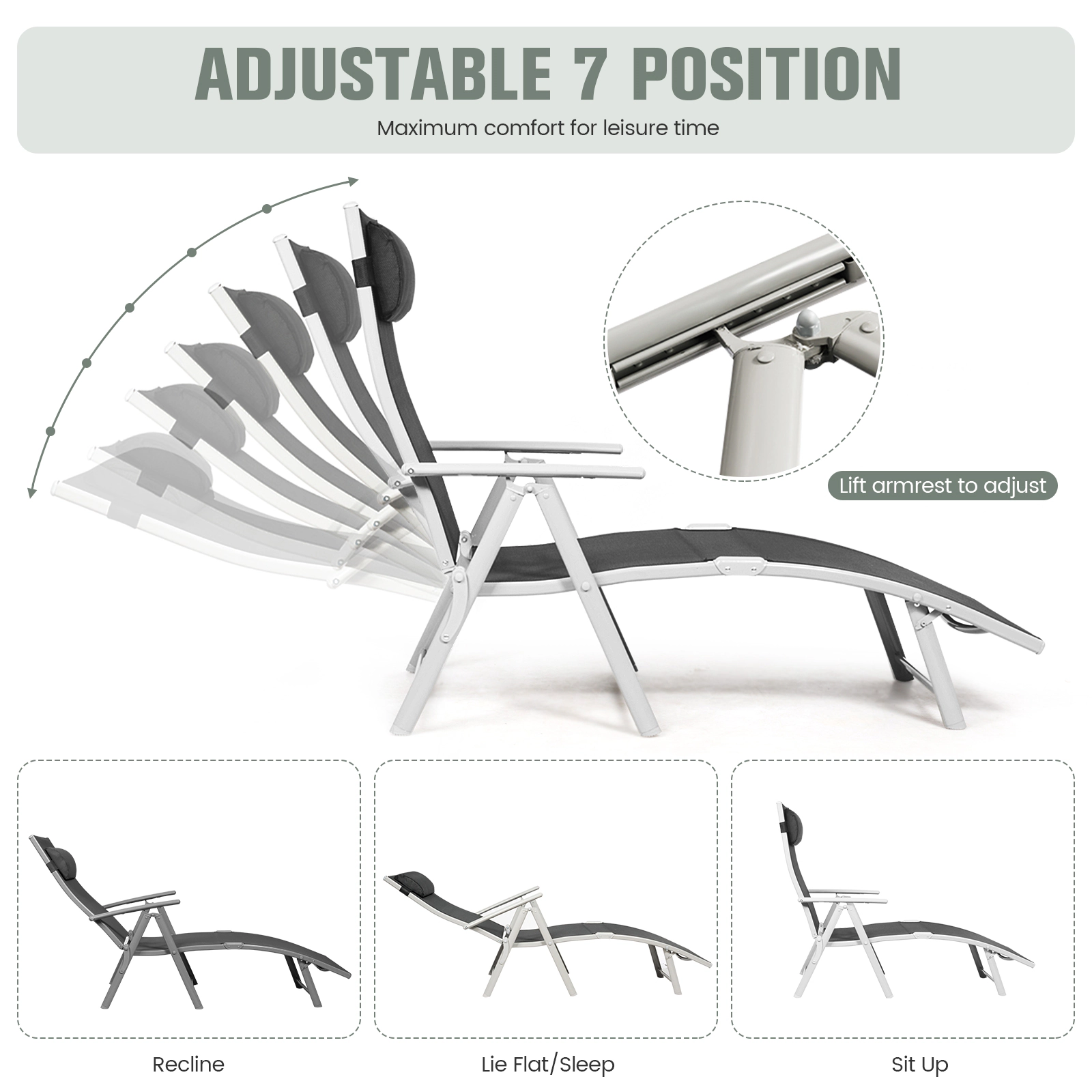 Hivvago Adjustable Outdoor Lightweight Folding Chaise Lounge Chair with Pillow