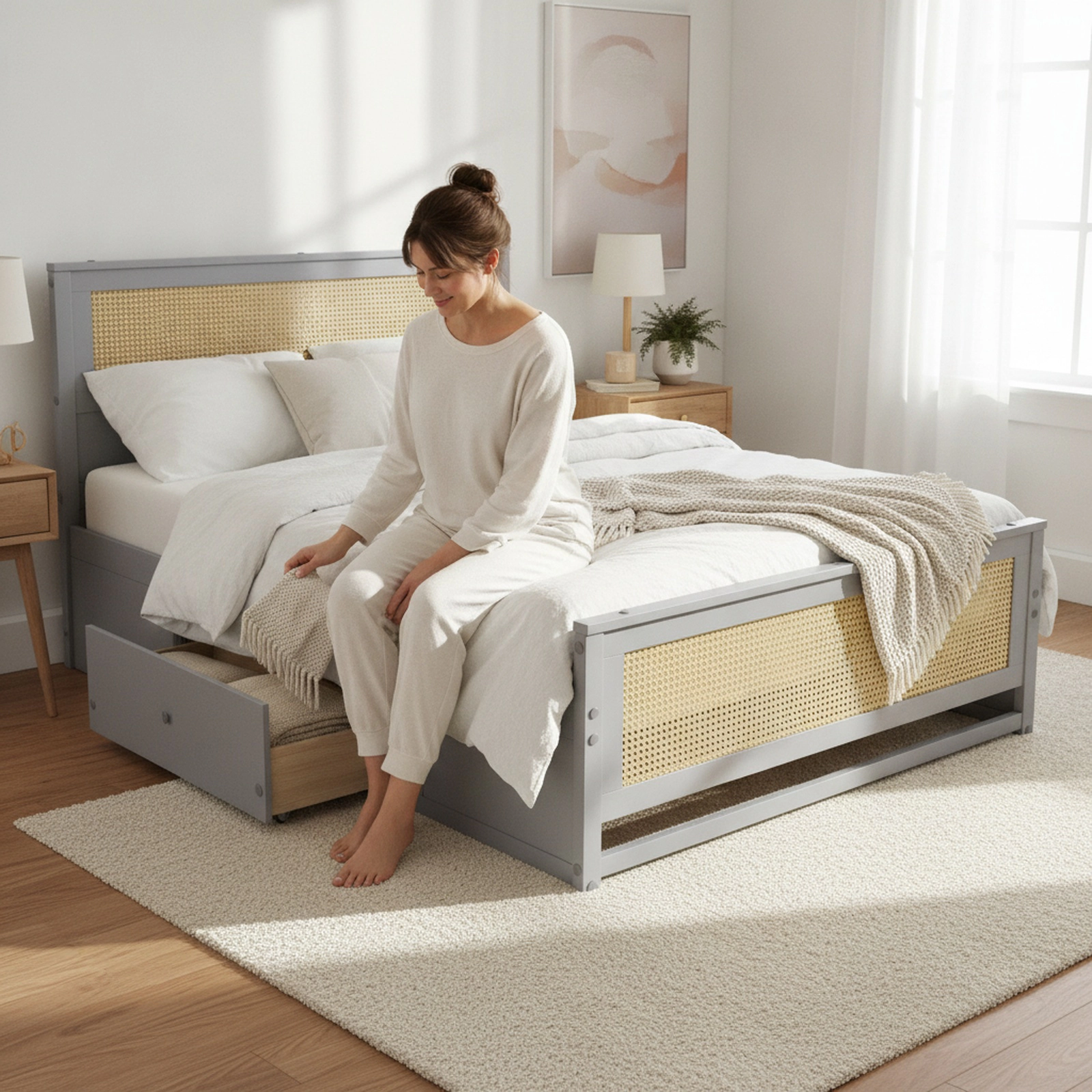 Full Size Rattan Bed Frame with 2 Storage Drawers Gray Boho Platform Bed with Woven Headboard Metal Drawer Slides