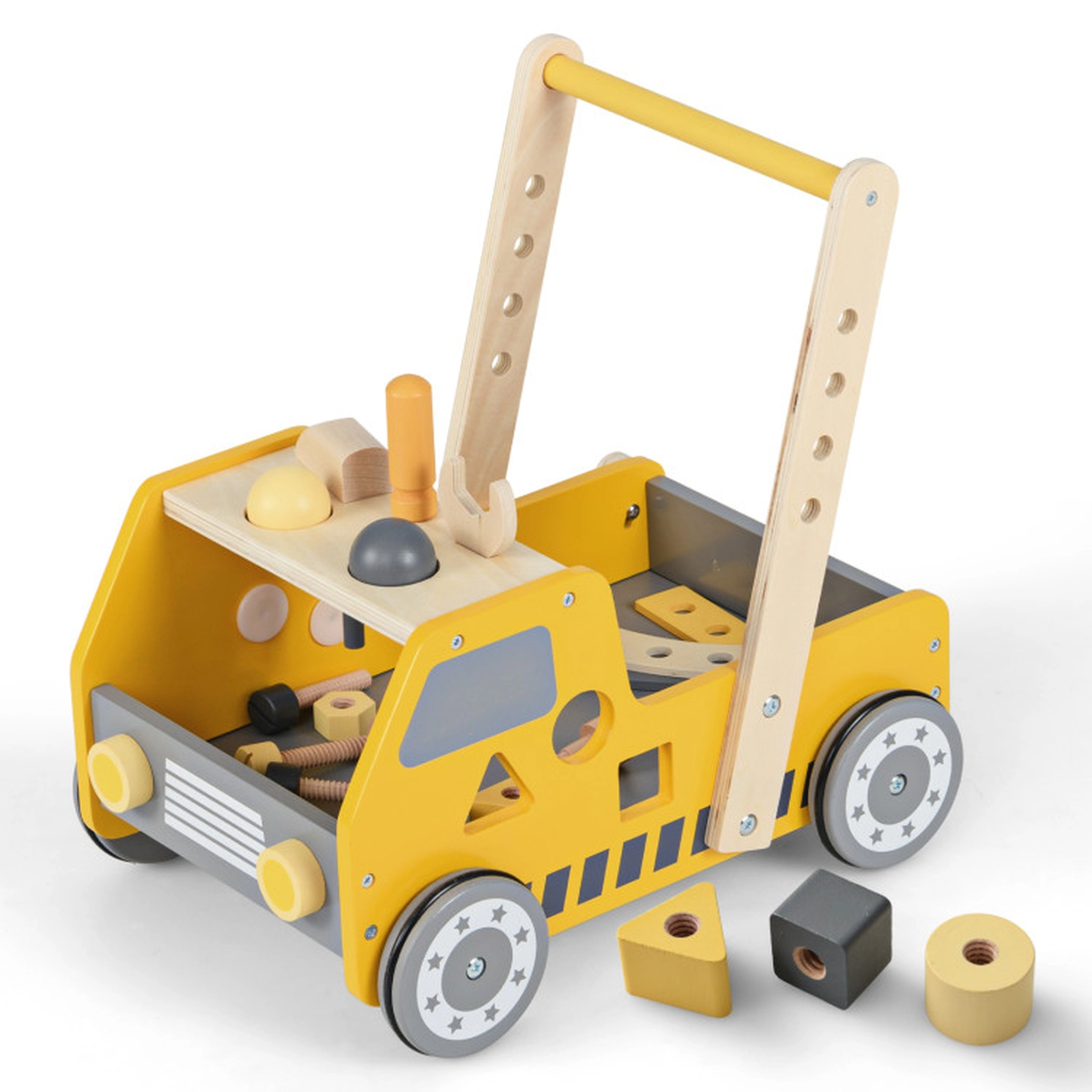 SUGIFT 2-in-1 Wooden Baby Walker and Kids Tool Bench with Adjustable Speed 16.5-in Tall 3+ Years Yellow Gray Blue
