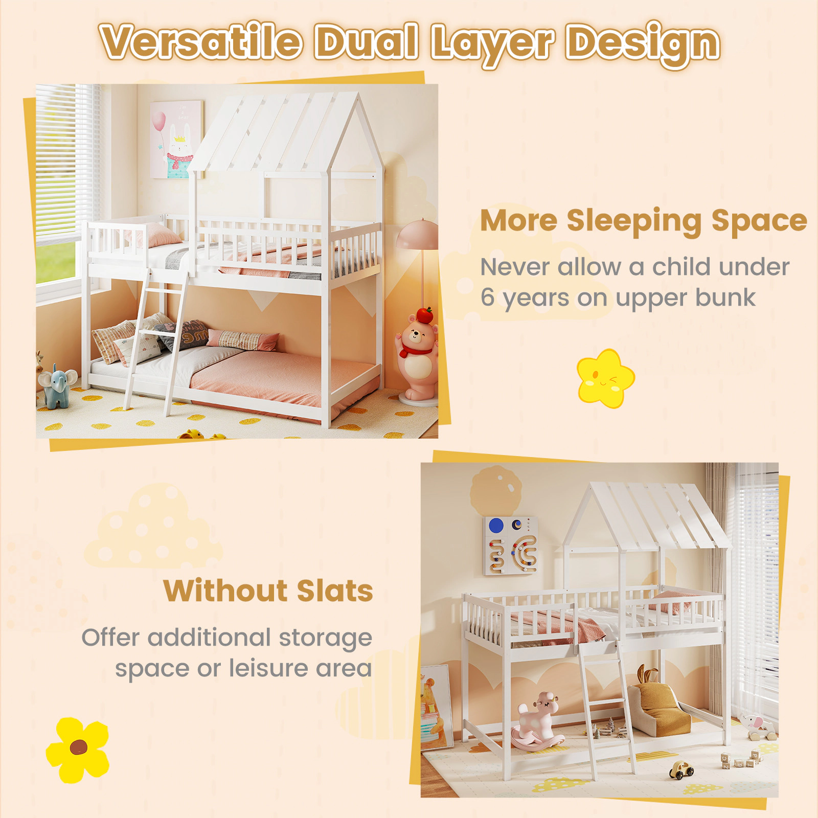 SUGIFT White Roof and Full-Length Guardrails Twin Over Twin Kids House Bunk Bed