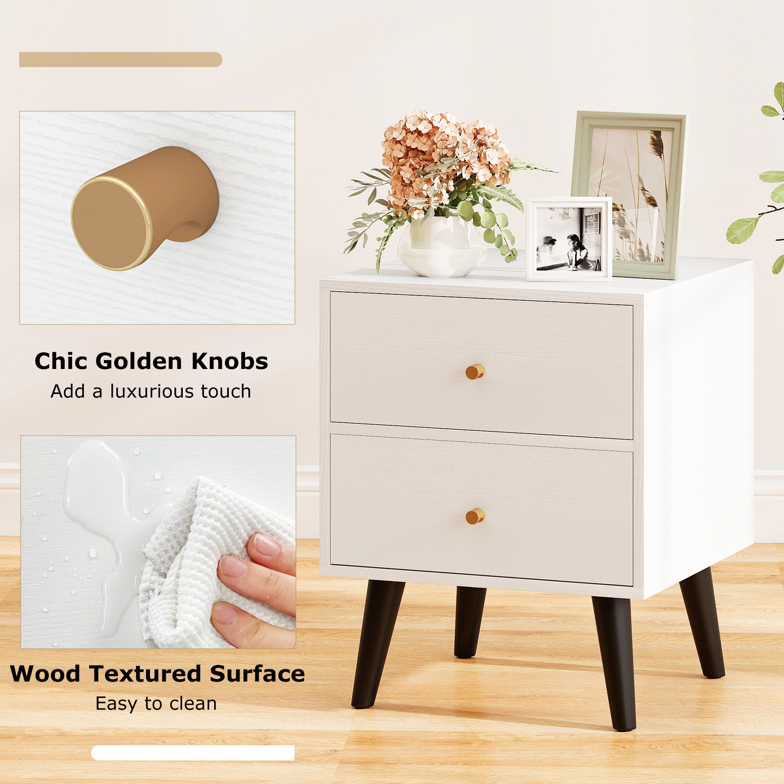 Glintex Mid-Century Bedside Table with Golden Knobs Drawer Stoppers and Tapered Legs, White