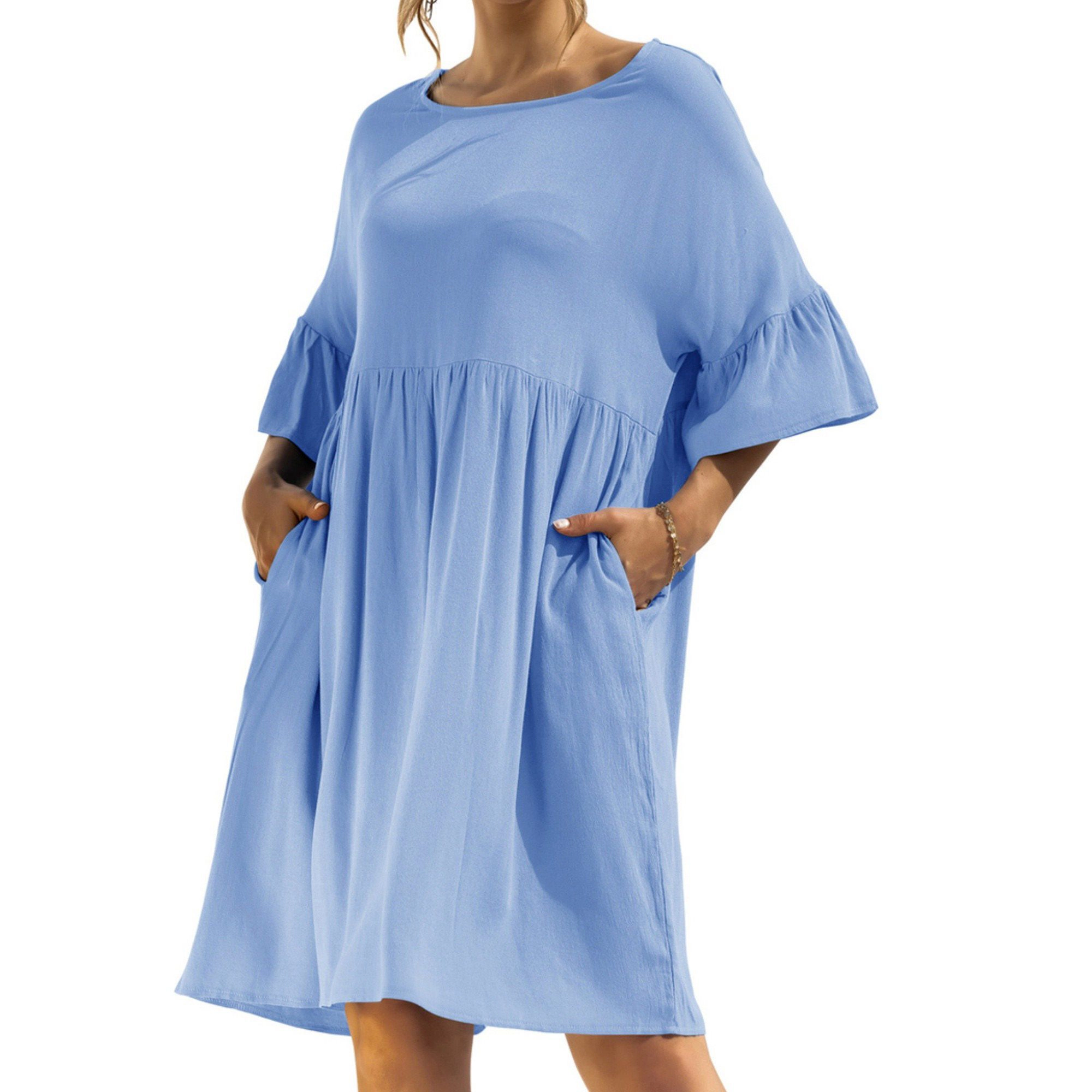 Anna-Kaci Women's Short Sleeve Loose Fit Midi Dress with Ruffle Detail and Side Pockets