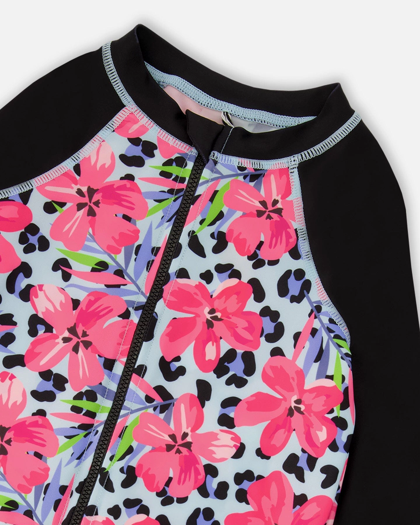 Deux par Deux Girls One-Piece Long Sleeve Rashguard Floral and Leopard Print