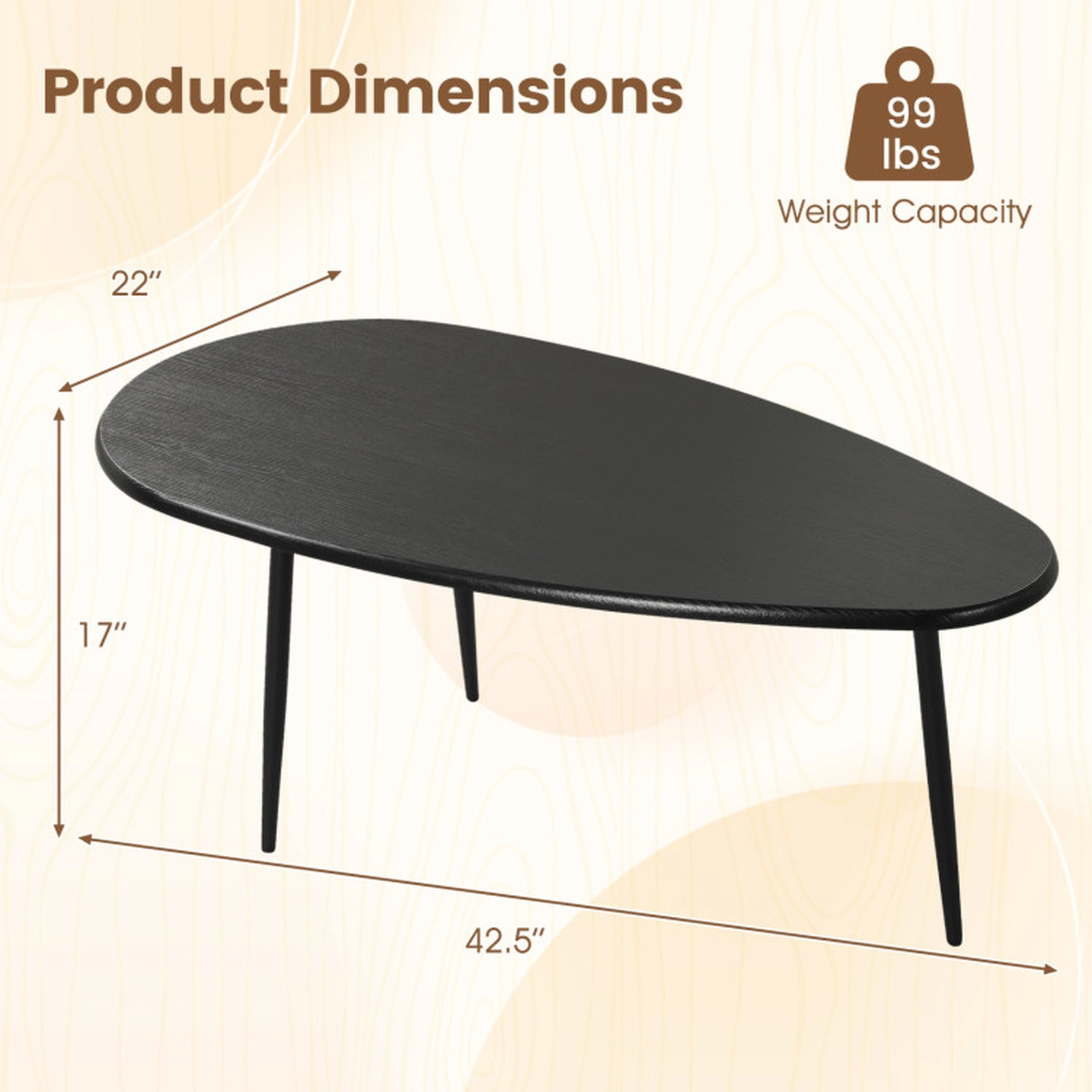 SUGIFT Irregular Oval Top Tapered Metal Legs Mid Century Coffee Table 42.5-in x 22-in x 17-in 99-lb Capacity Black