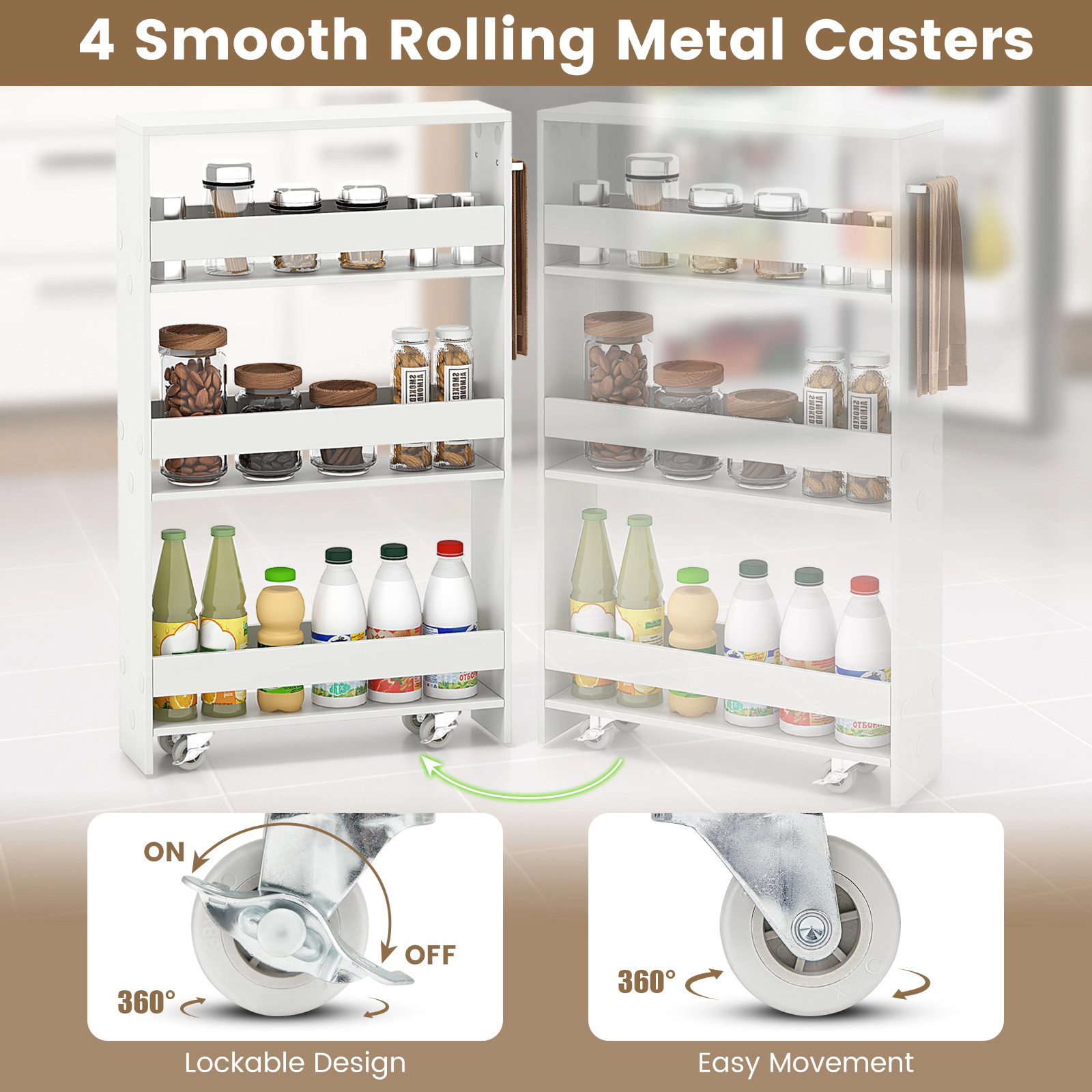 SUGIFT 3-Tier Off White Rolling Cart with Wheels Mobile Serving Trolley and Open Shelf Organizer