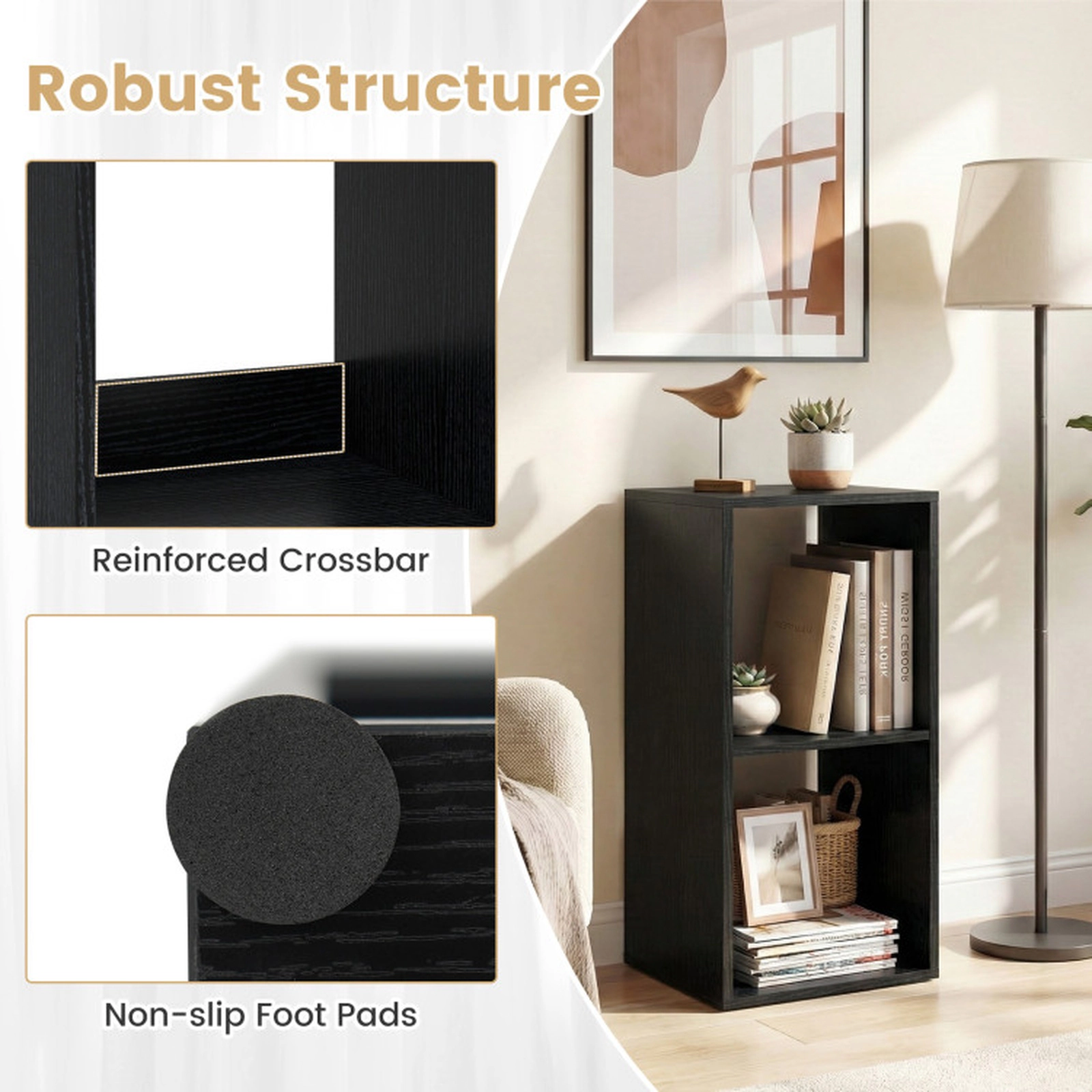 SUGIFT 2-Cube 110-lb Capacity Black 27.5-in Small Bookshelf with Back Guardrail 2 Anti-Tipping Kits