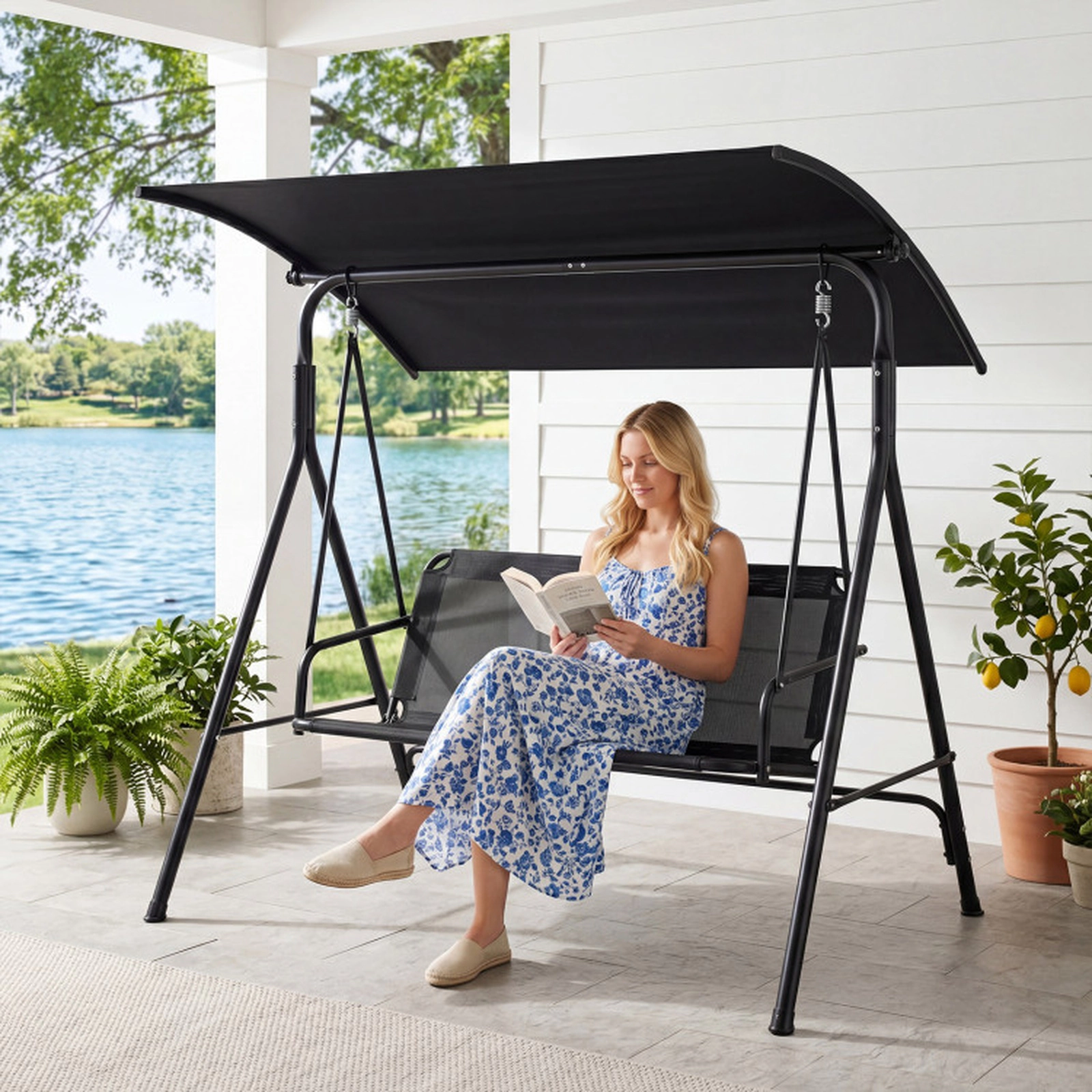 SUGIFT 3-Seat Outdoor Patio Swing Chair with Adjustable Canopy 800-lb Capacity Breathable Mesh Fabric Beige/Black