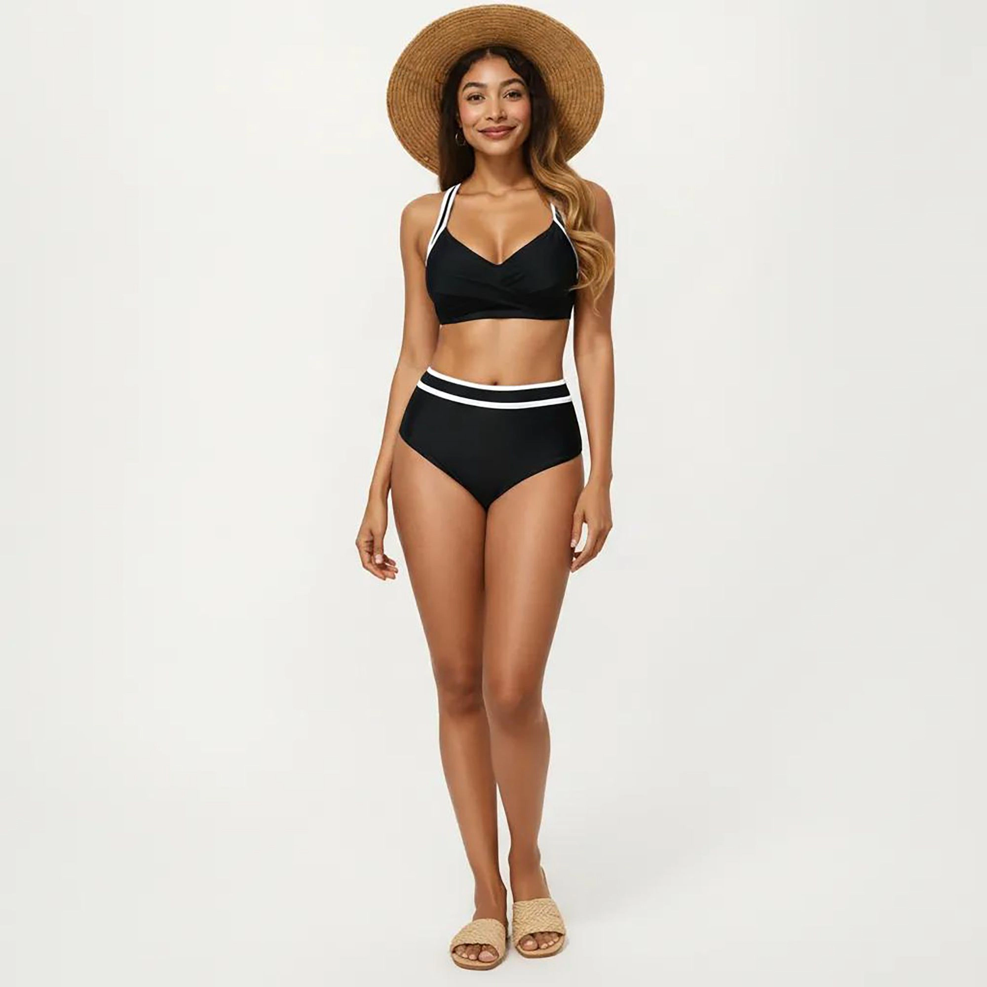 Anna-Kaci Women's 2-Piece Set Contrast Trim Bikini Top with High Waisted Bottom Swim