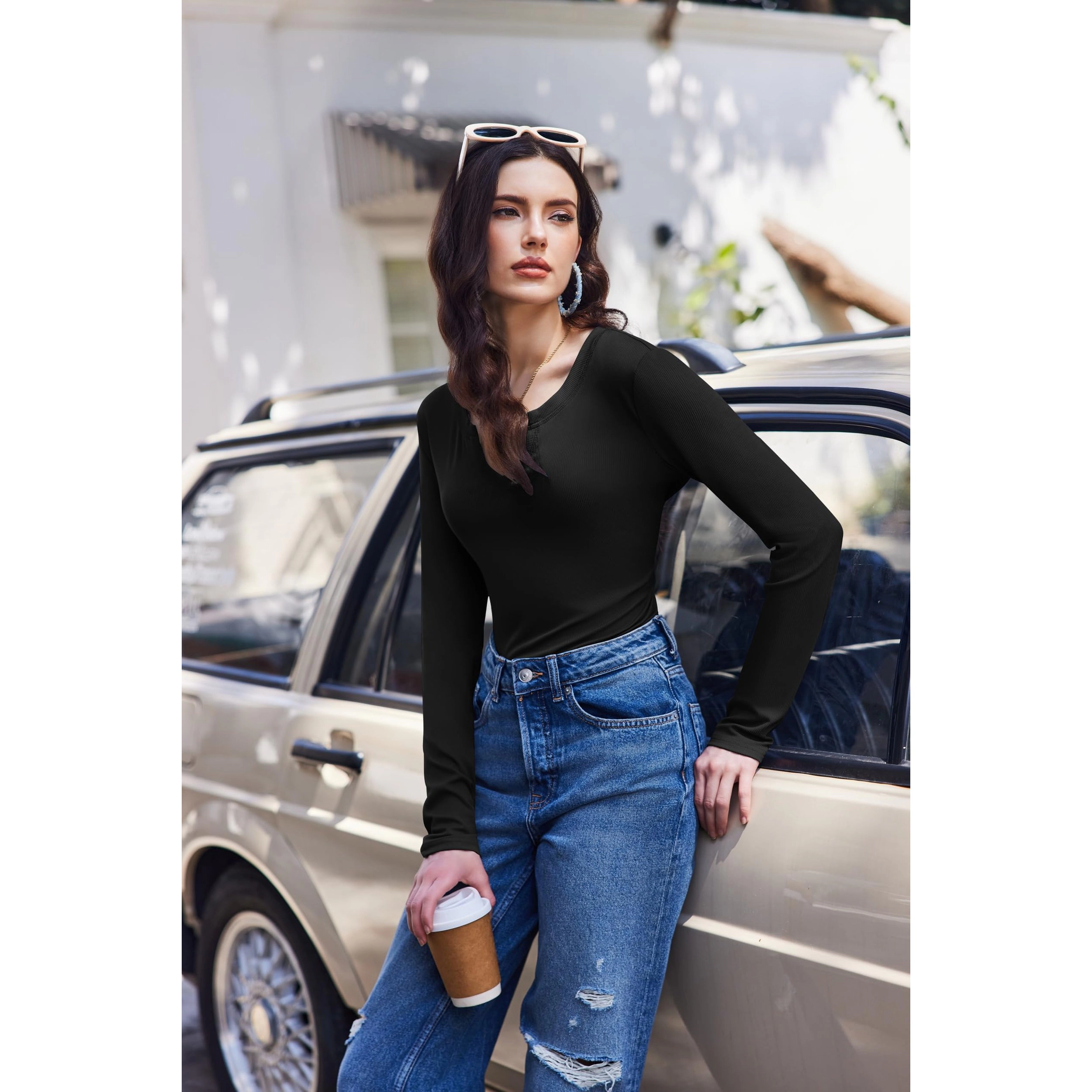 Ekouaer Long Sleeve Shirts V Neck Basic Ribbed T Shirt Thermal Undershirts Slim Fit Casual Tee Tops