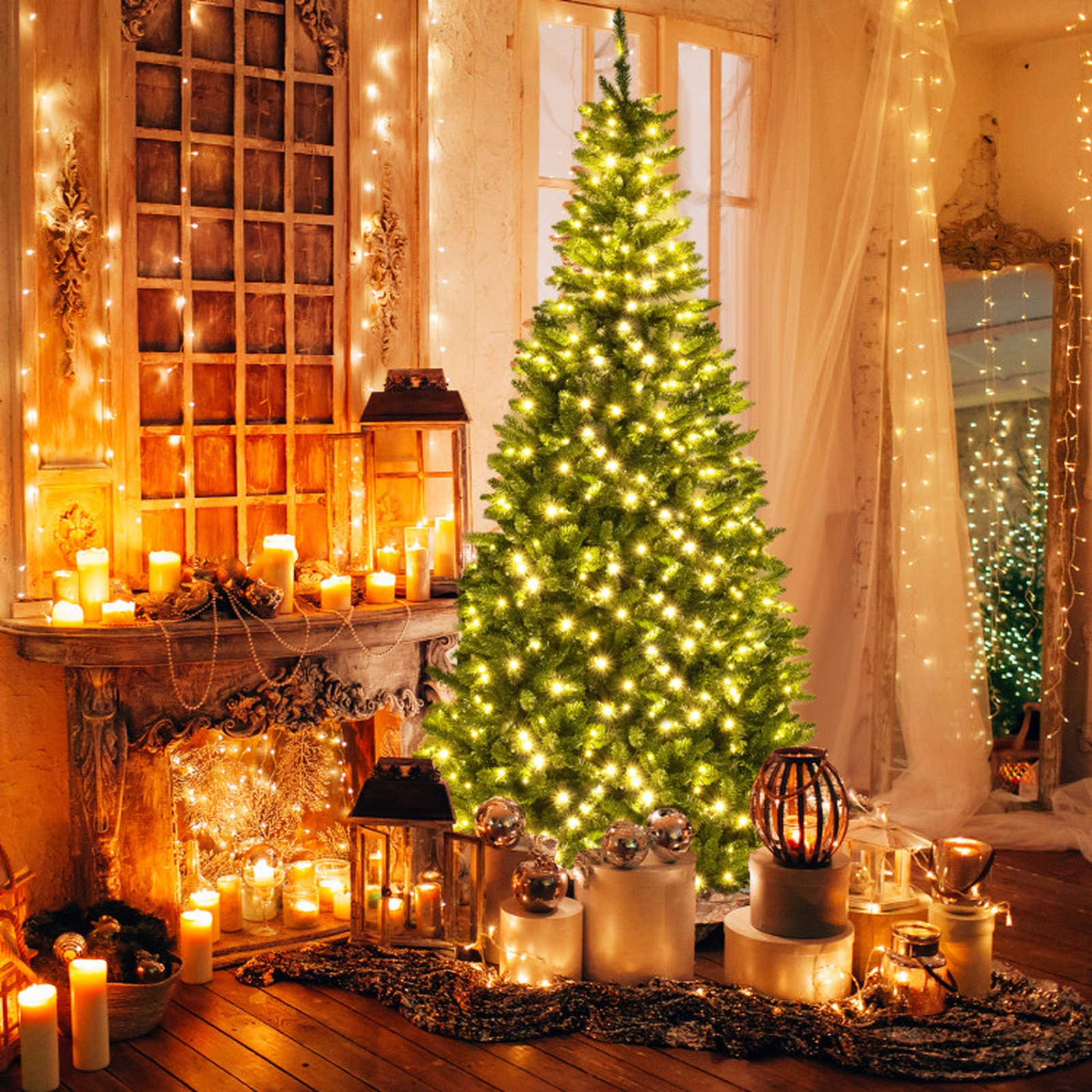 SUGIFT 8-ft Corner Pre-Lit Artificial Christmas Tree with 1137 Branch Tips and 360 Warm White LED Lights
