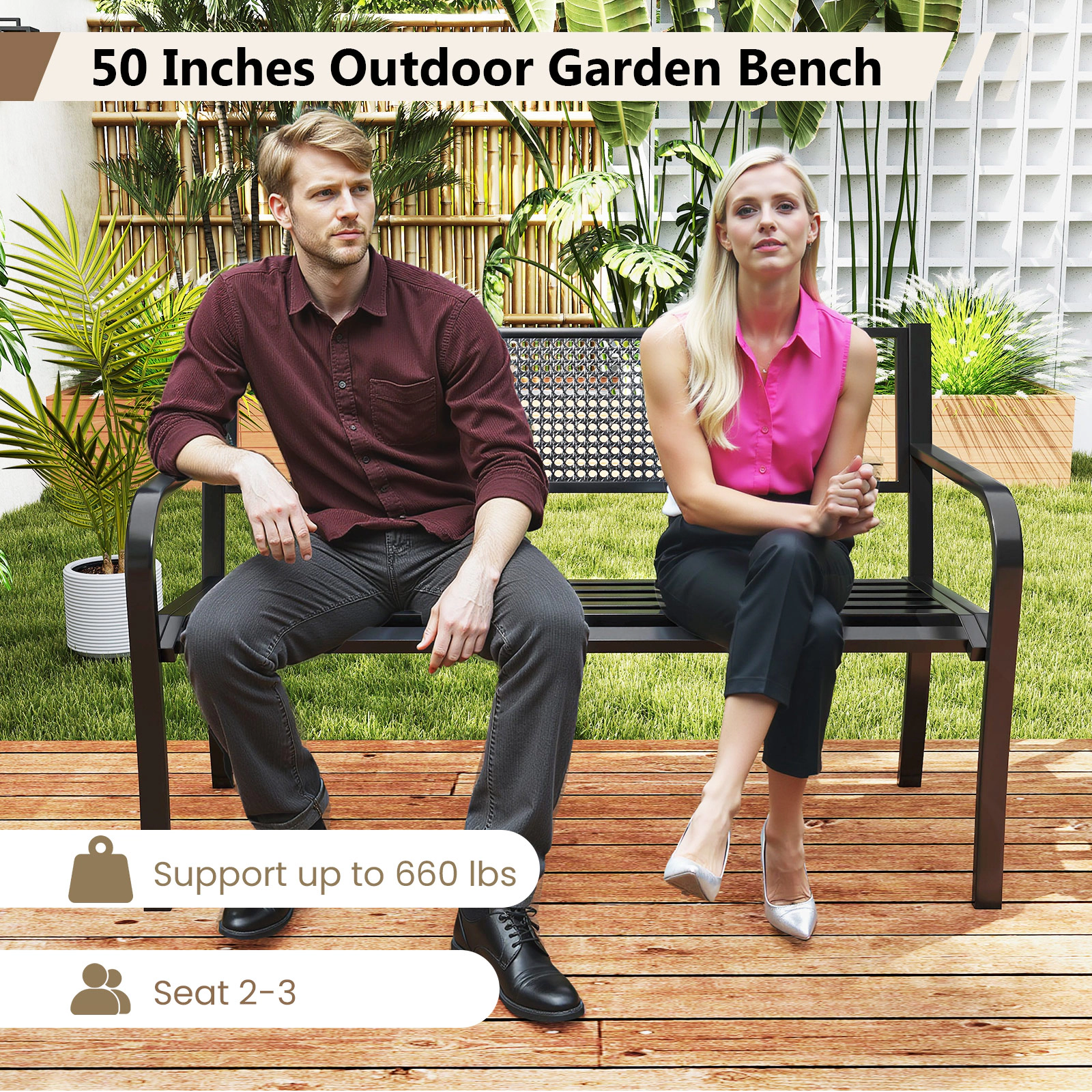 SUGIFT 50-Inch Black Metal Outdoor Garden Bench with Patterned Back and Curved Armrests