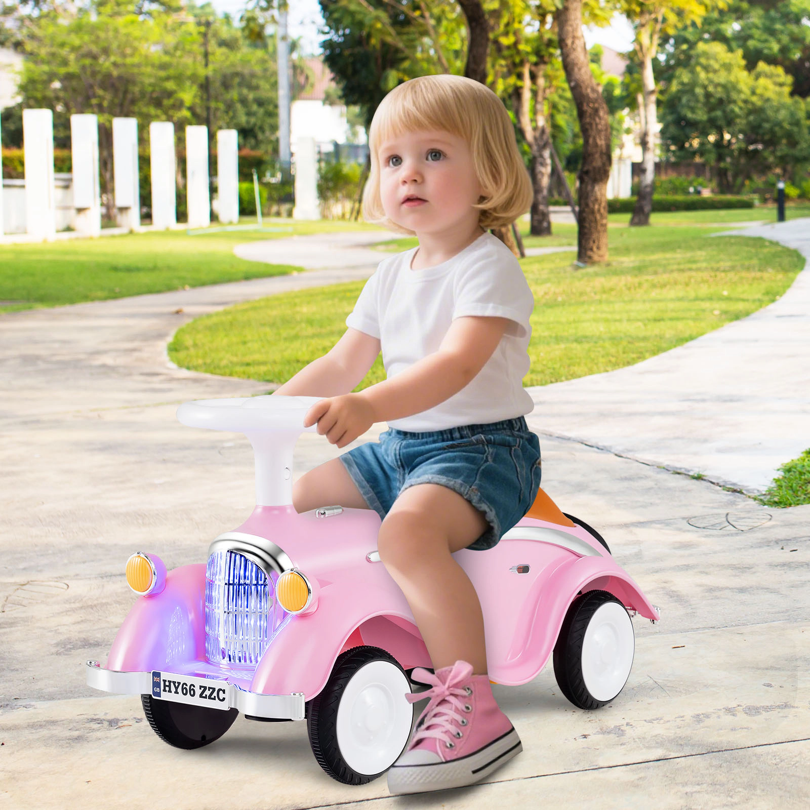 Baby Push Car Toddler Sliding Ride On Toy LED Headlight Horn Button Curved Seat Under-Seat Storage 19-36 Months Pink