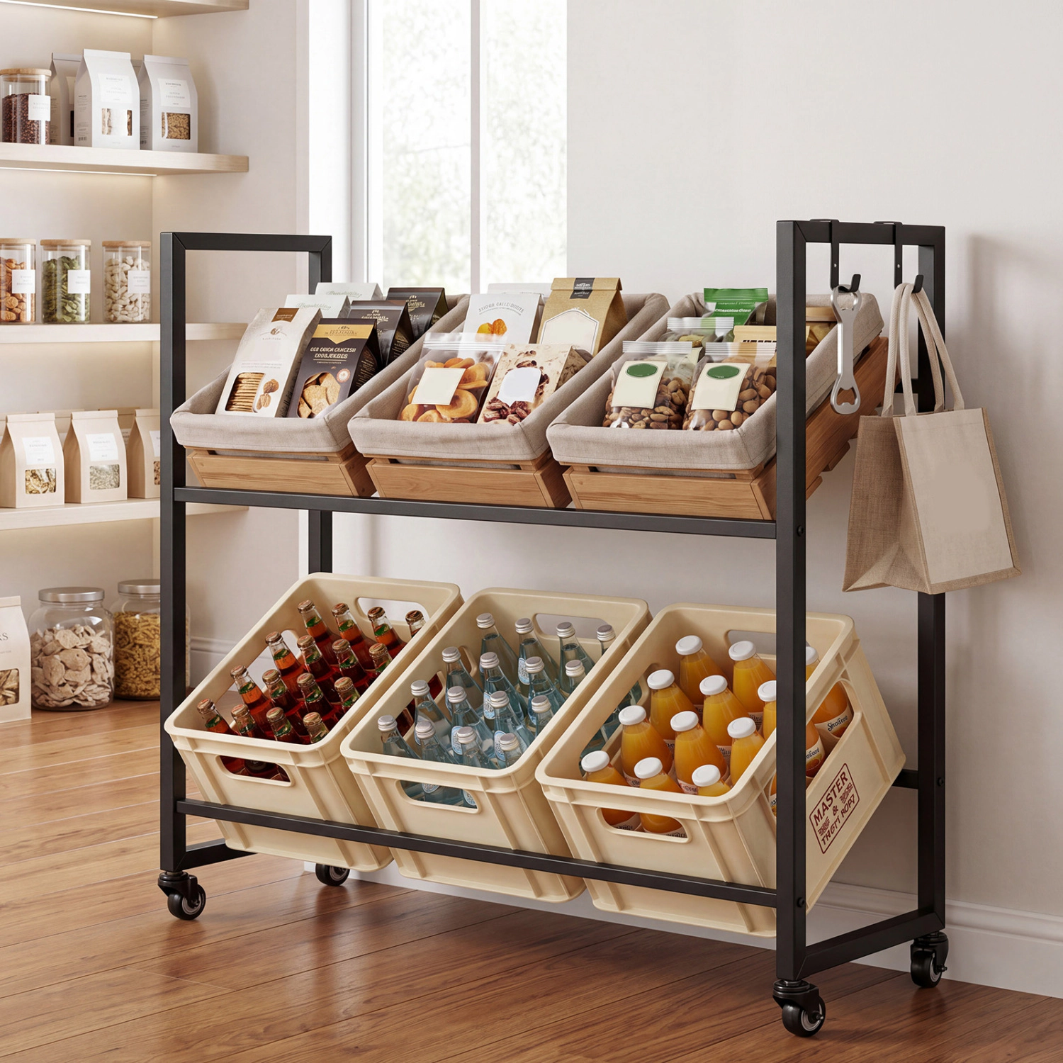 LJG 2-Tier Drink Crate Rack with 4 Universal Wheels for Beer and Water Kitchen and Bar