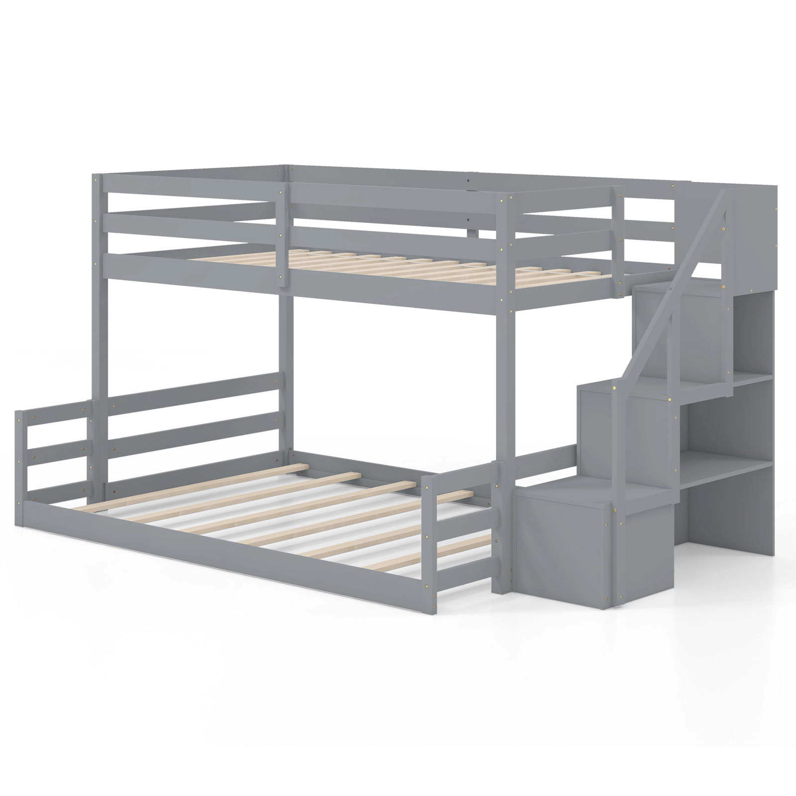 SUGIFT Kids Twin Over Full Storage Stairs Pine Wood Low Bunk Bed 94.5-in x 56.5-in x 50.5-in 250-lb Capacity Gray