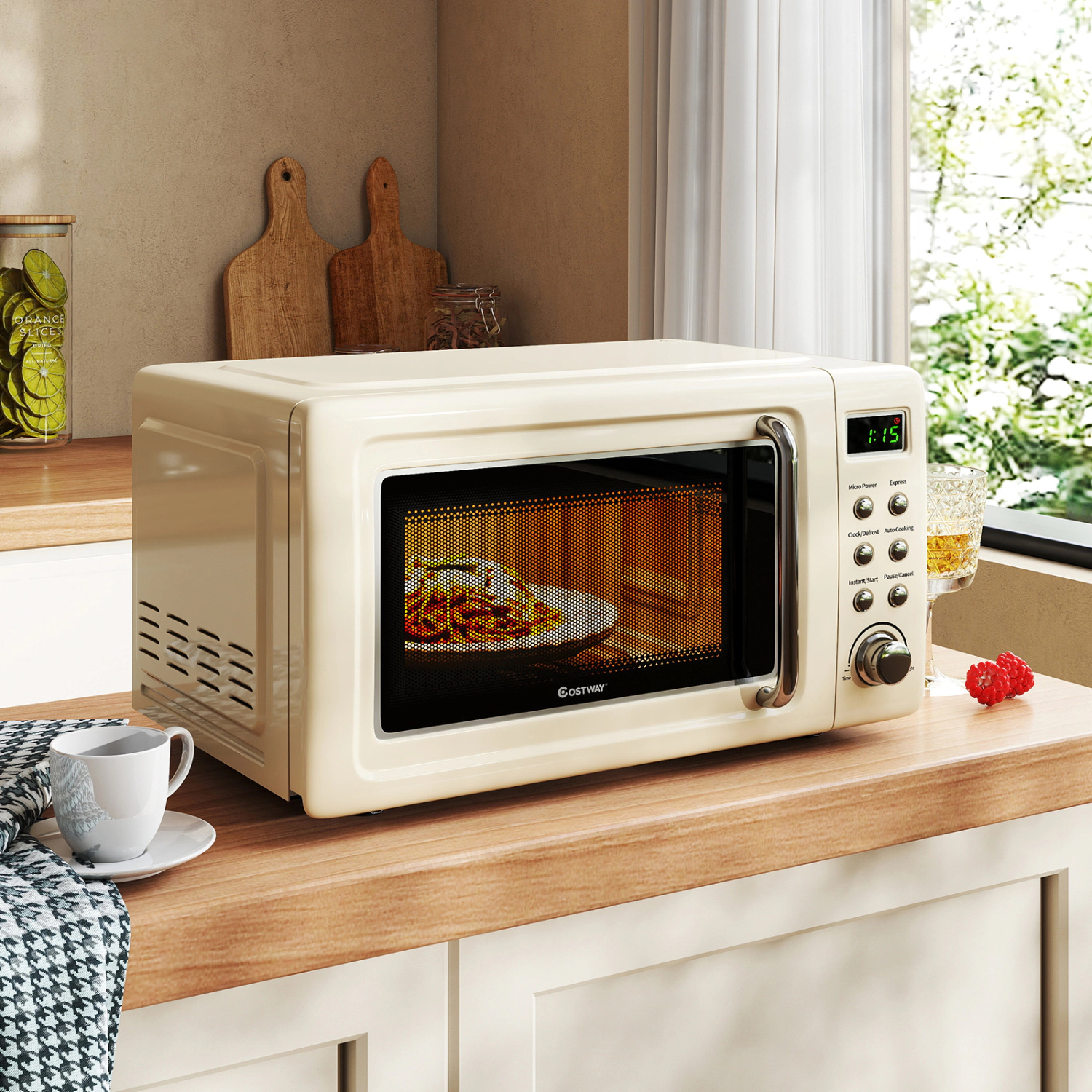 LJG 700W Retro Countertop Microwave Oven with 5 Micro Power and Auto Cooking Function