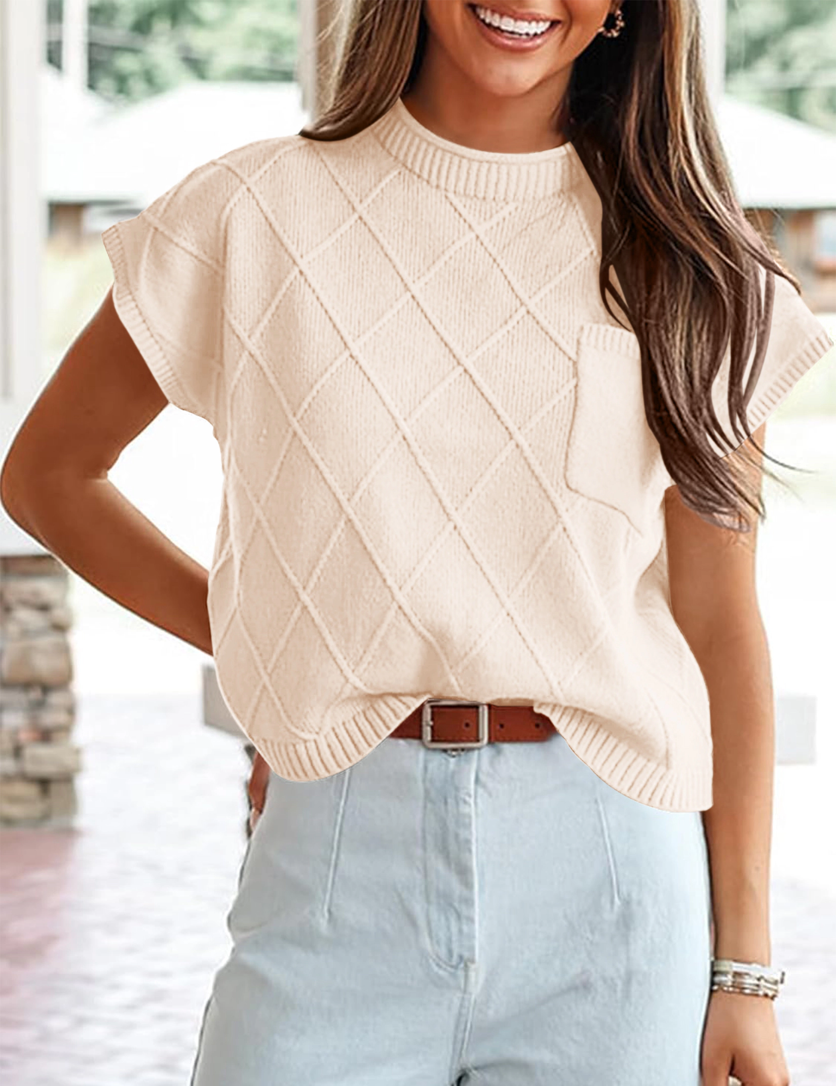 KOJOOIN Women's Plus Mock Neck Short Sleeve Knit Casual Loose Pullover Sweater Tops
