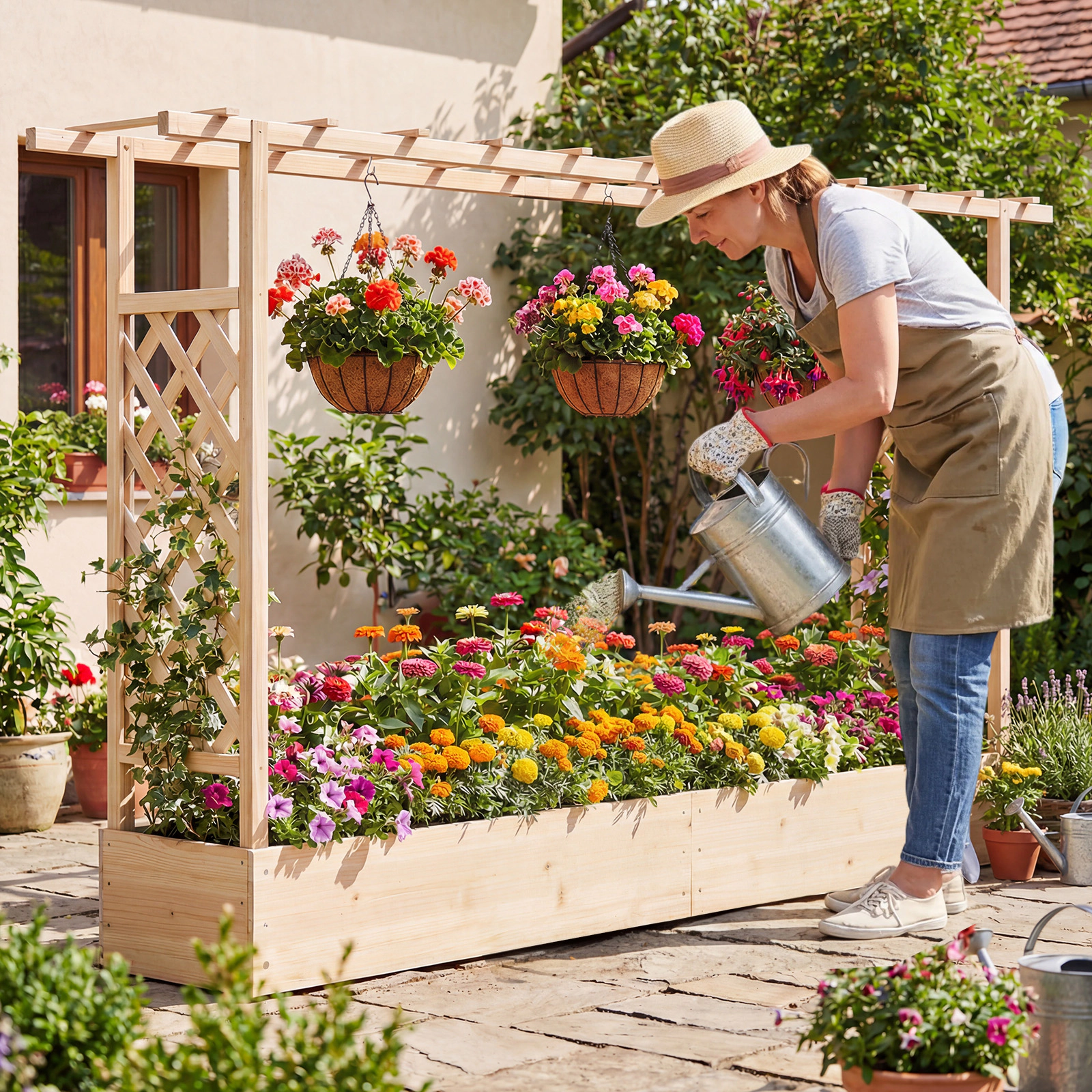 LJG 45 Inch Tall Wooden Raised Garden Bed with Side Trellis and Hanging Roof Drainage Holes