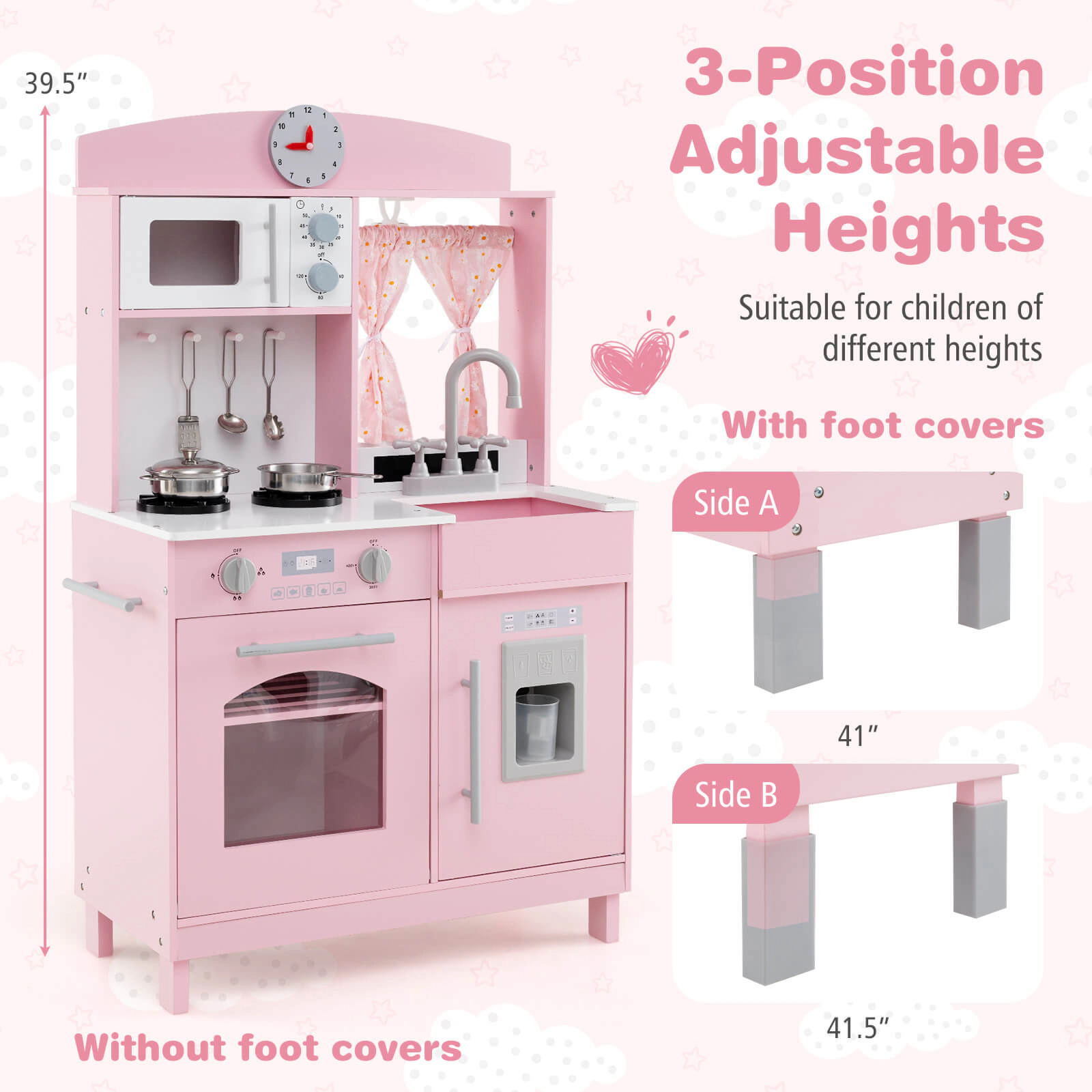 Costway Play Kitchen with 3 Adjustable Heights, Microwave, Stoves, Sink, Oven, Ice Maker White