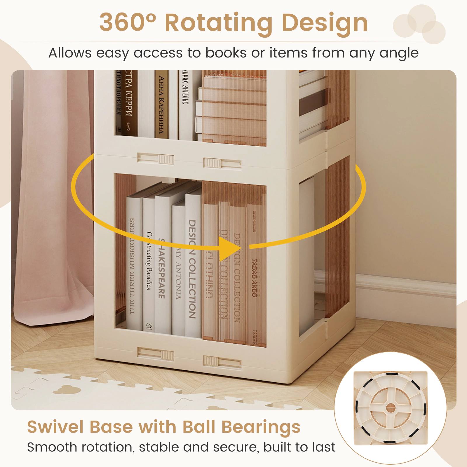 SUGIFT White 3-Tier Foldable Rotating Bookshelf with Swivel Base and Translucent Panels