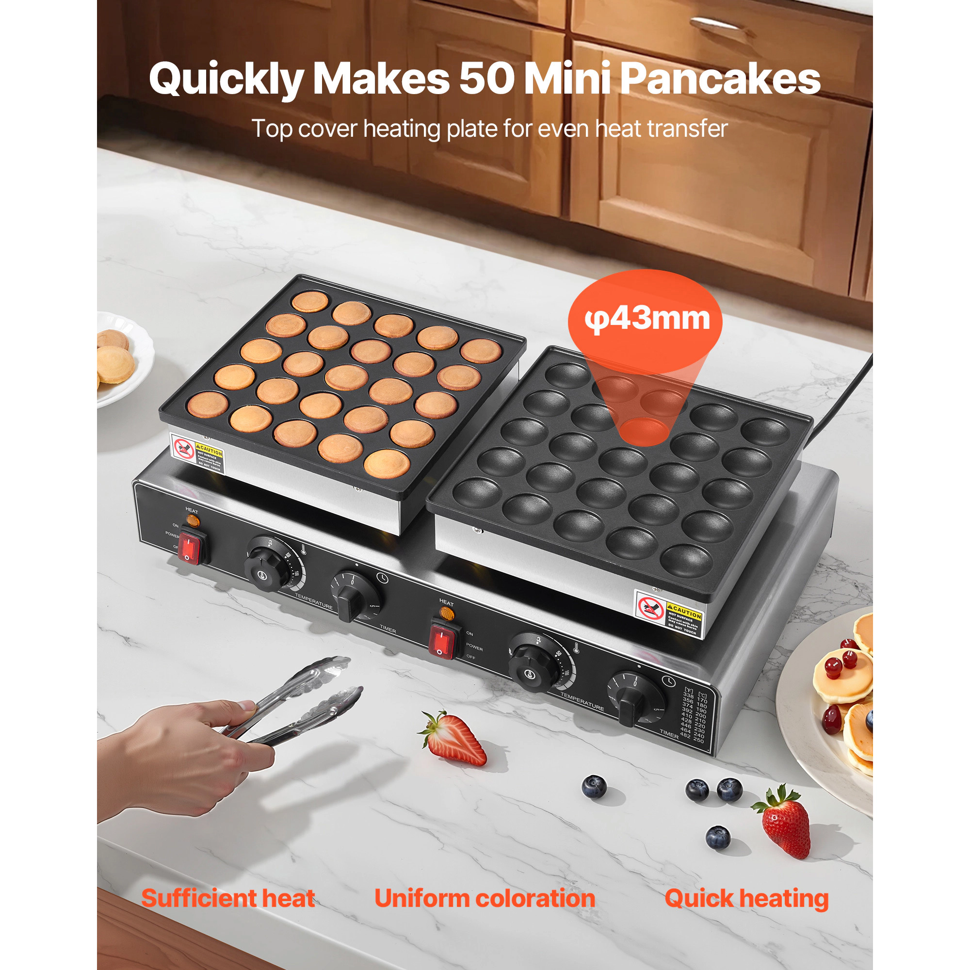 HONGGE Dutch Pancake Maker Non-stick Stainless Steel Dorayaki Baker Commercial Electric Poffertjes Grill Temp & Time