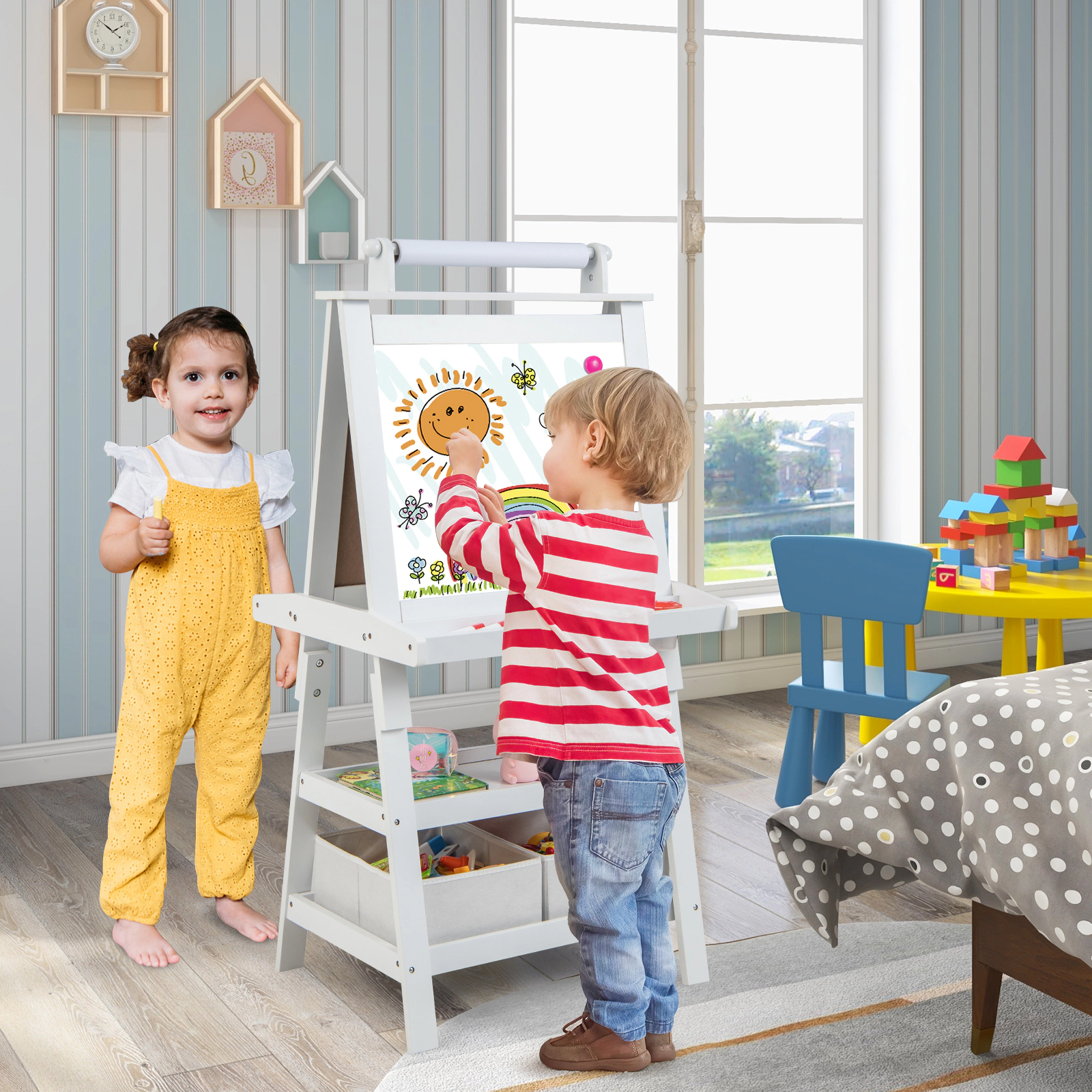 3-in-1 Double-Sided Storage Art Easel for Kids 2-Tier Shelves 2 Fabric Bins No-Spill Paint Cups Paper Roll White