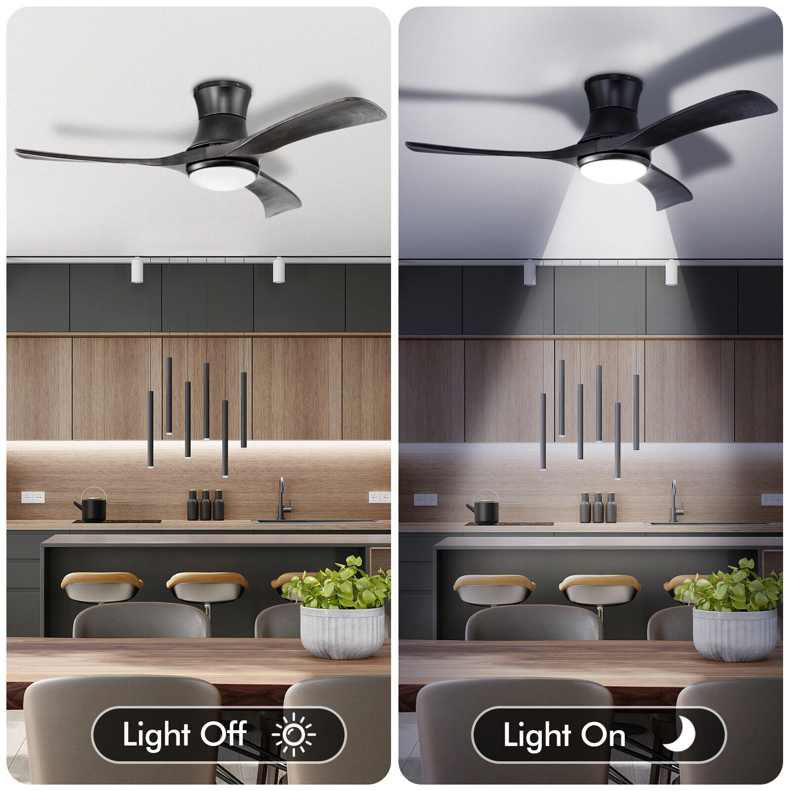 SUGIFT 52-Inch Black Flush-Mount Ceiling Fan, 3 Blades, 6 Speeds, 22W LED Light and Remote