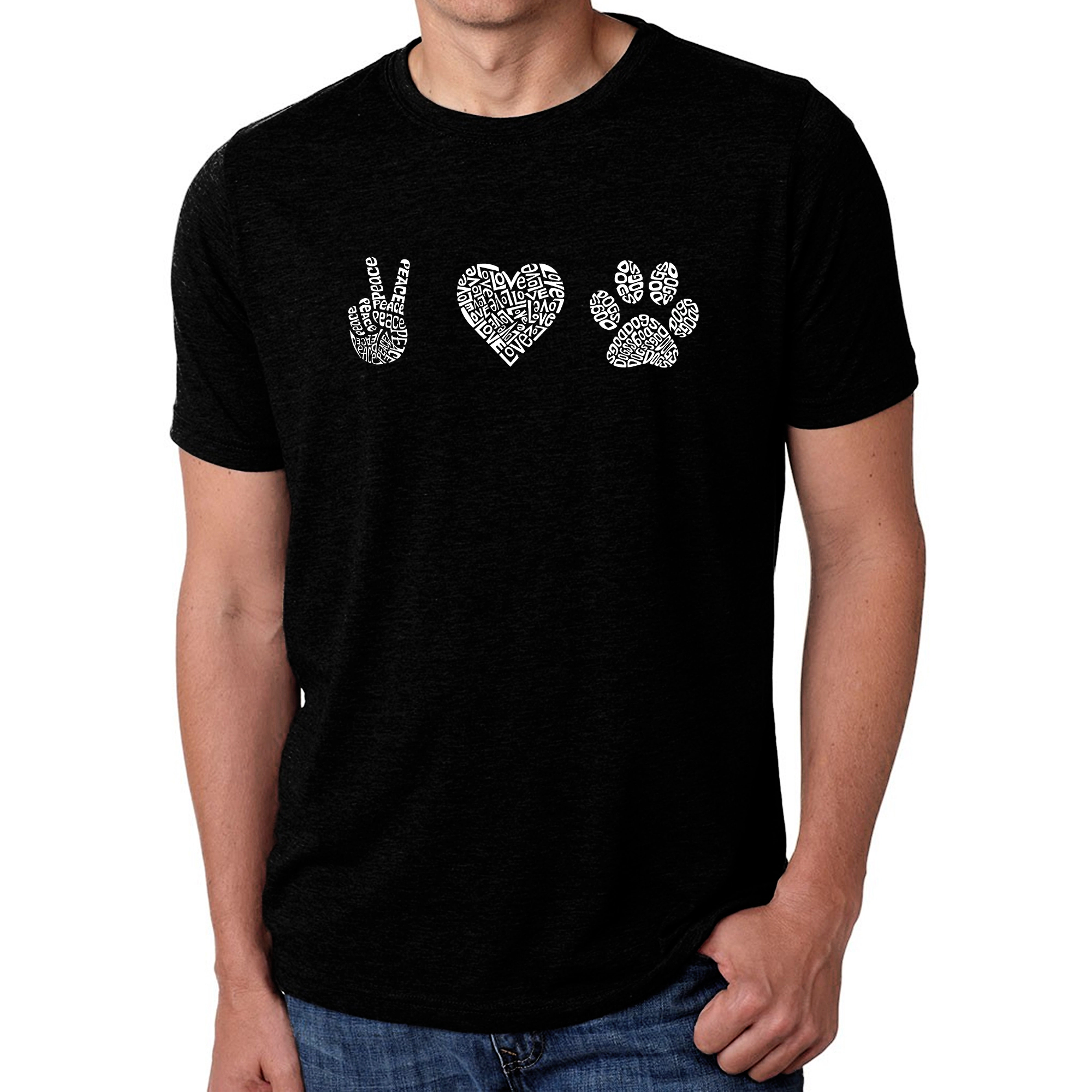 LA Pop Art Men's Cotton-Poly Word T-Shirt - Peace Love Dogs