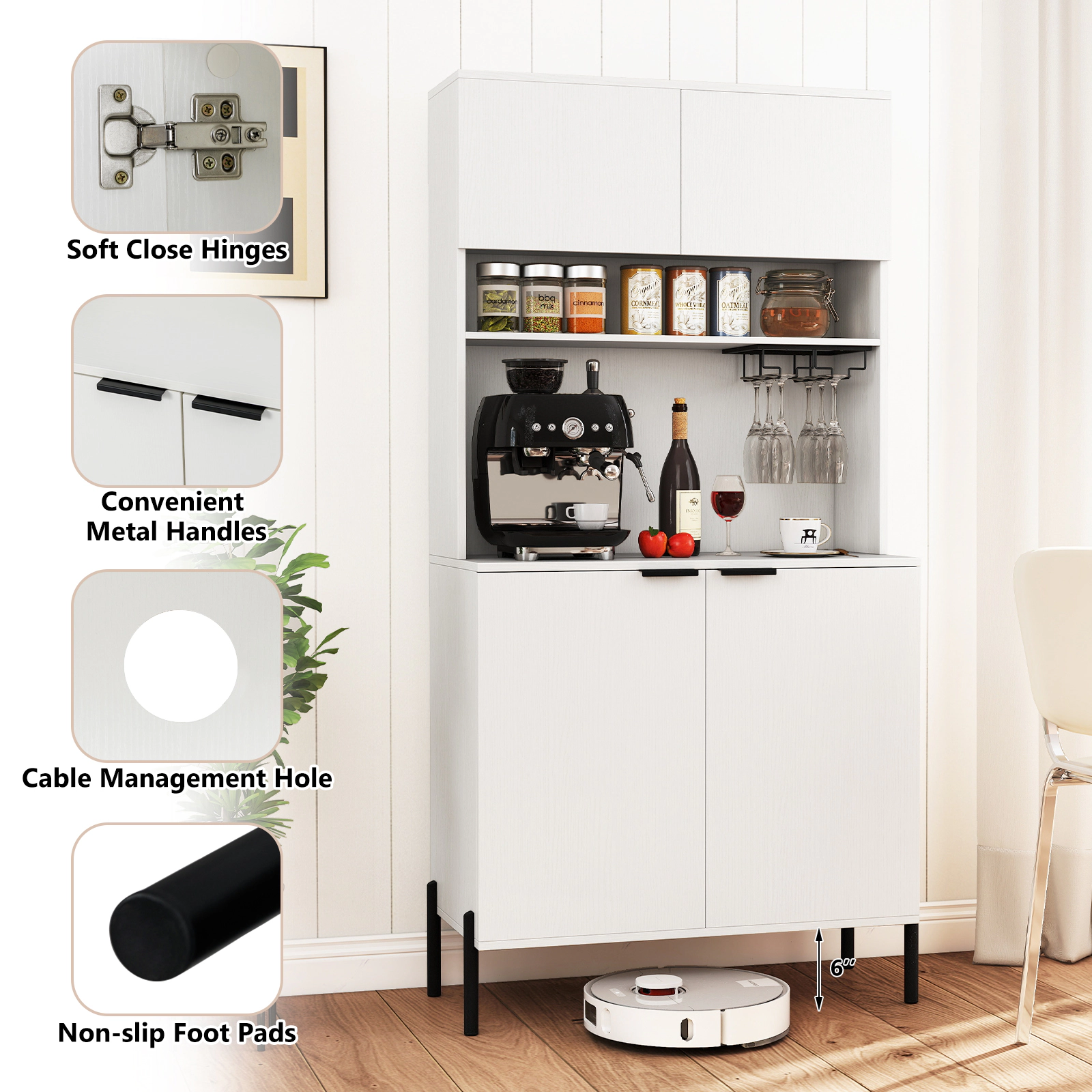 SUGIFT Kitchen Pantry Cabinet with Charging Station 90-lb Countertop Capacity with Wine Glass Rack 64.5-in Tall White
