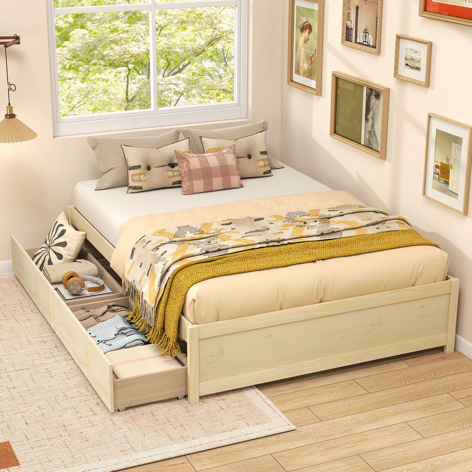 Full Size Wooden Bed Frame with 2 Rolling Storage Drawers Low Profile Platform Bed with 8 Plywood Slats Natural