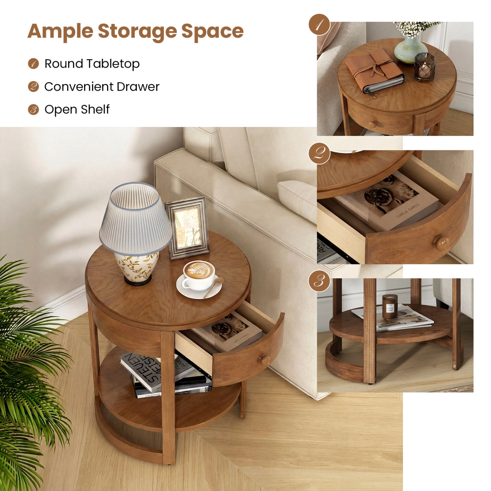 SUGIFT 2-Tier Round End Table with Drawer 190-lb Tabletop Capacity Mid Century Nightstand Brown/White