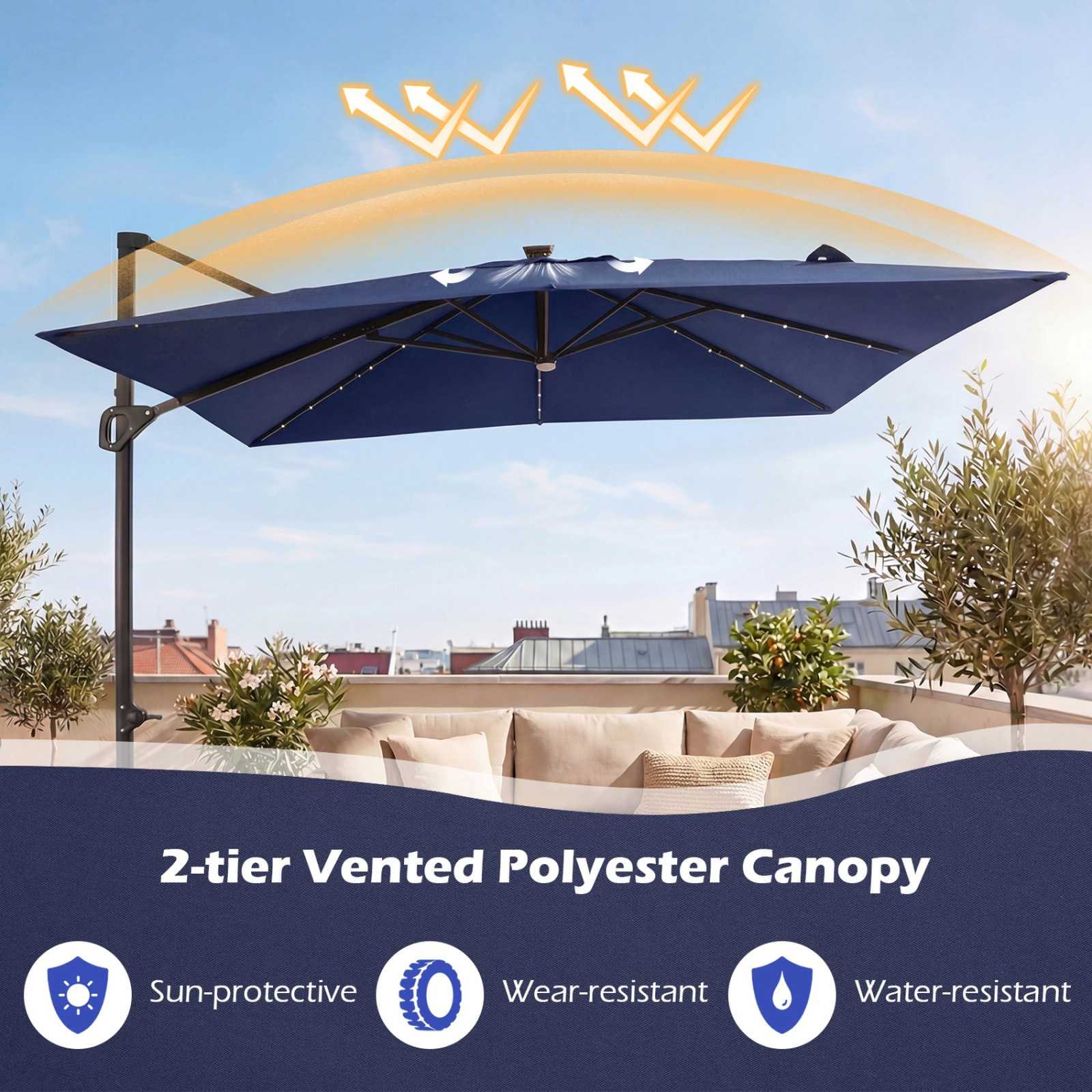 SUGIFT 10-ft Cantilever Patio Umbrella with Solar LED Lights and 2-Tier Vented Canopy for Pool and Garden Navy Blue