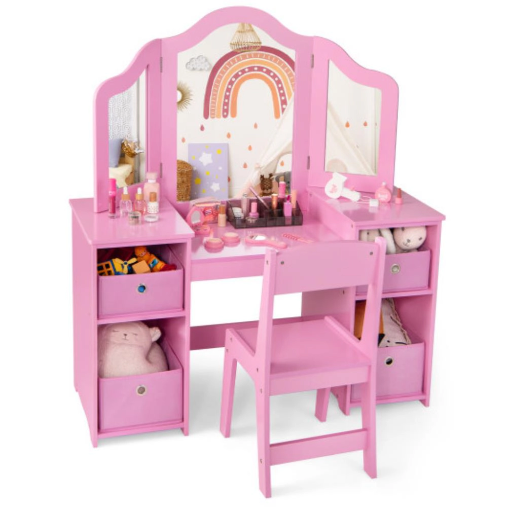 Hivvago Kids Vanity Table And Chair Set With Removable Mirrors 4 Storage Bins