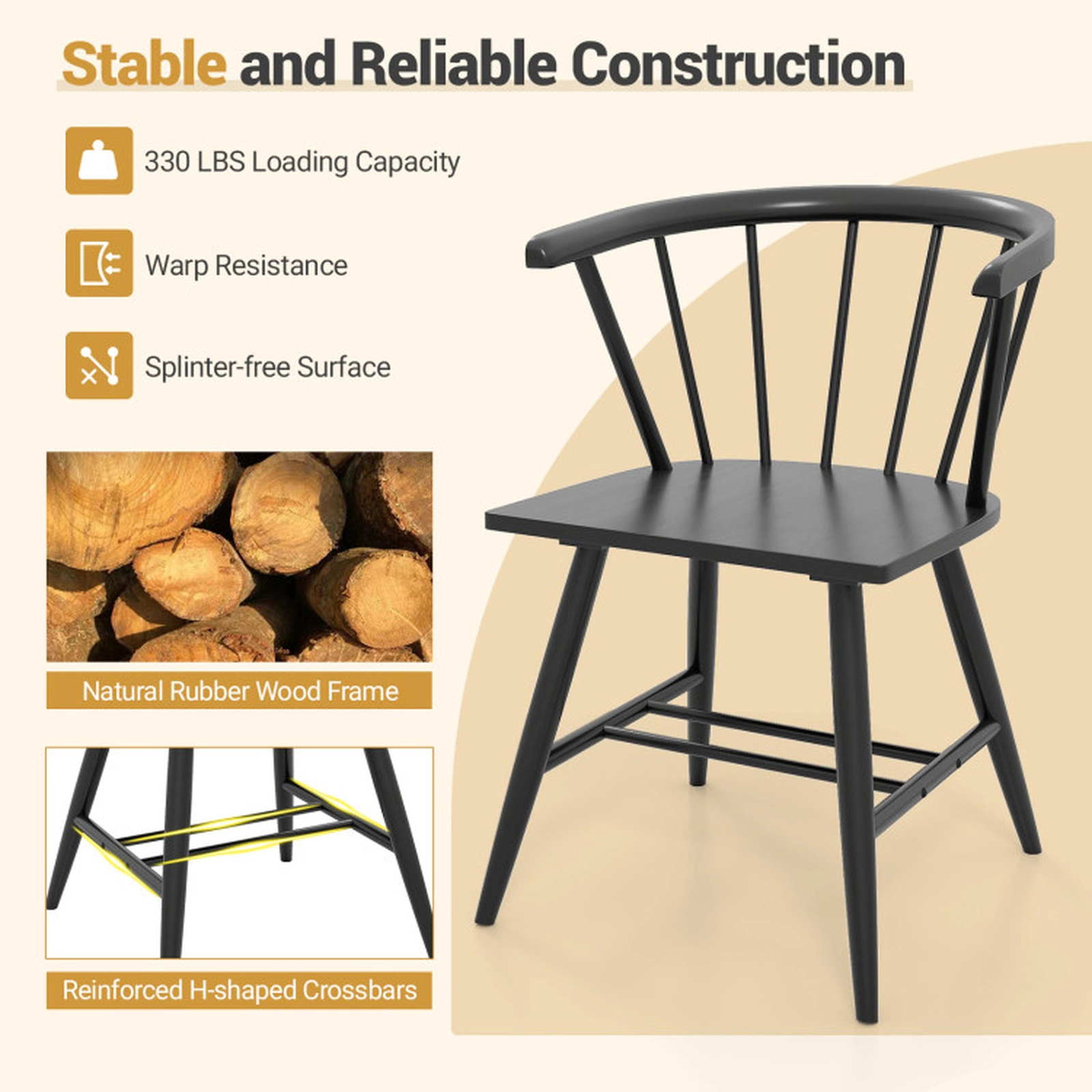 SUGIFT Ergonomic High-Back Windsor Dining Chair Set of 4 Rubber Wood 330-Lb Capacity Black
