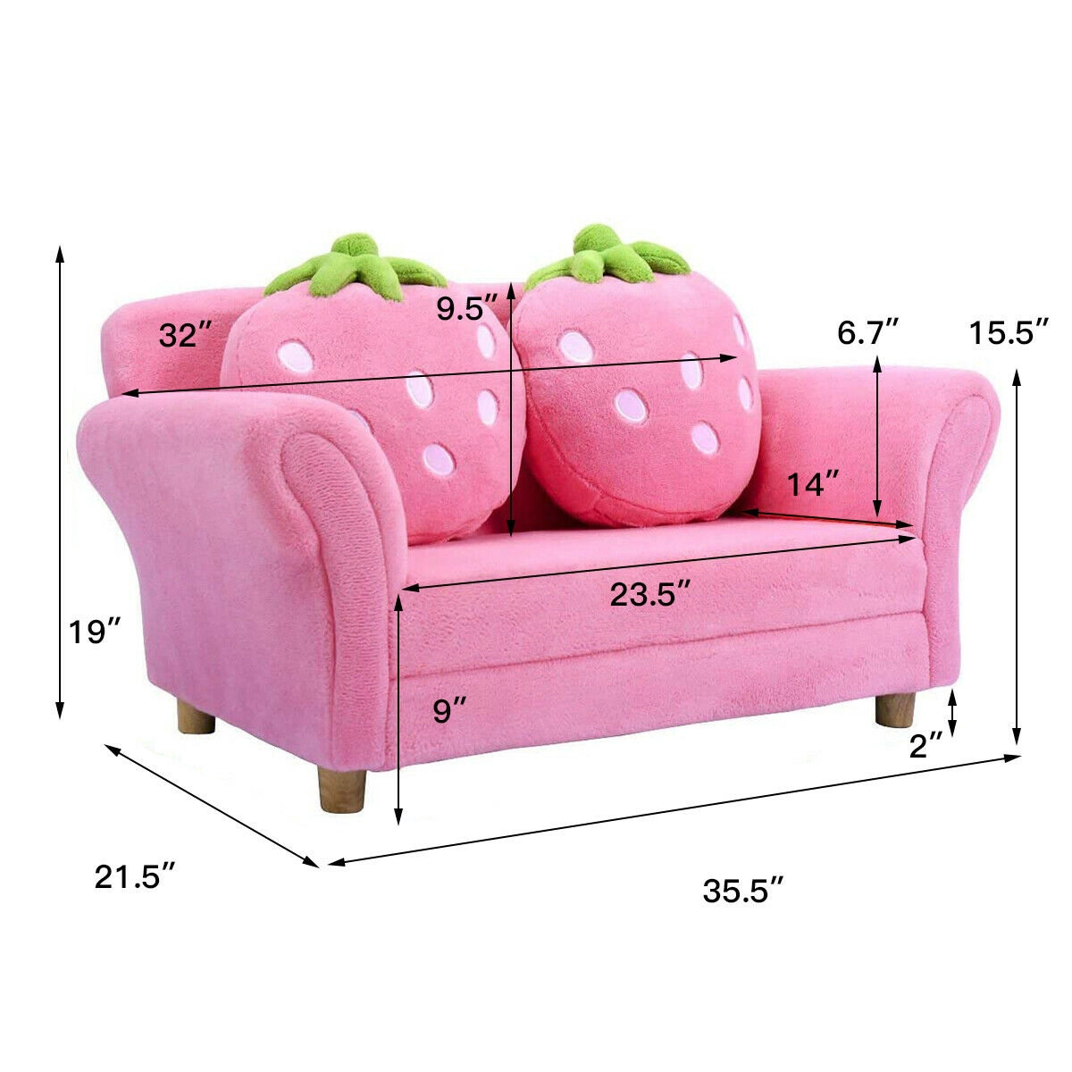 SUGIFT Kids Strawberry Armrest Sofa Chair with Storage Arms 132-lb Capacity Ages 3-7 Pink with 2 Strawberry Pillows