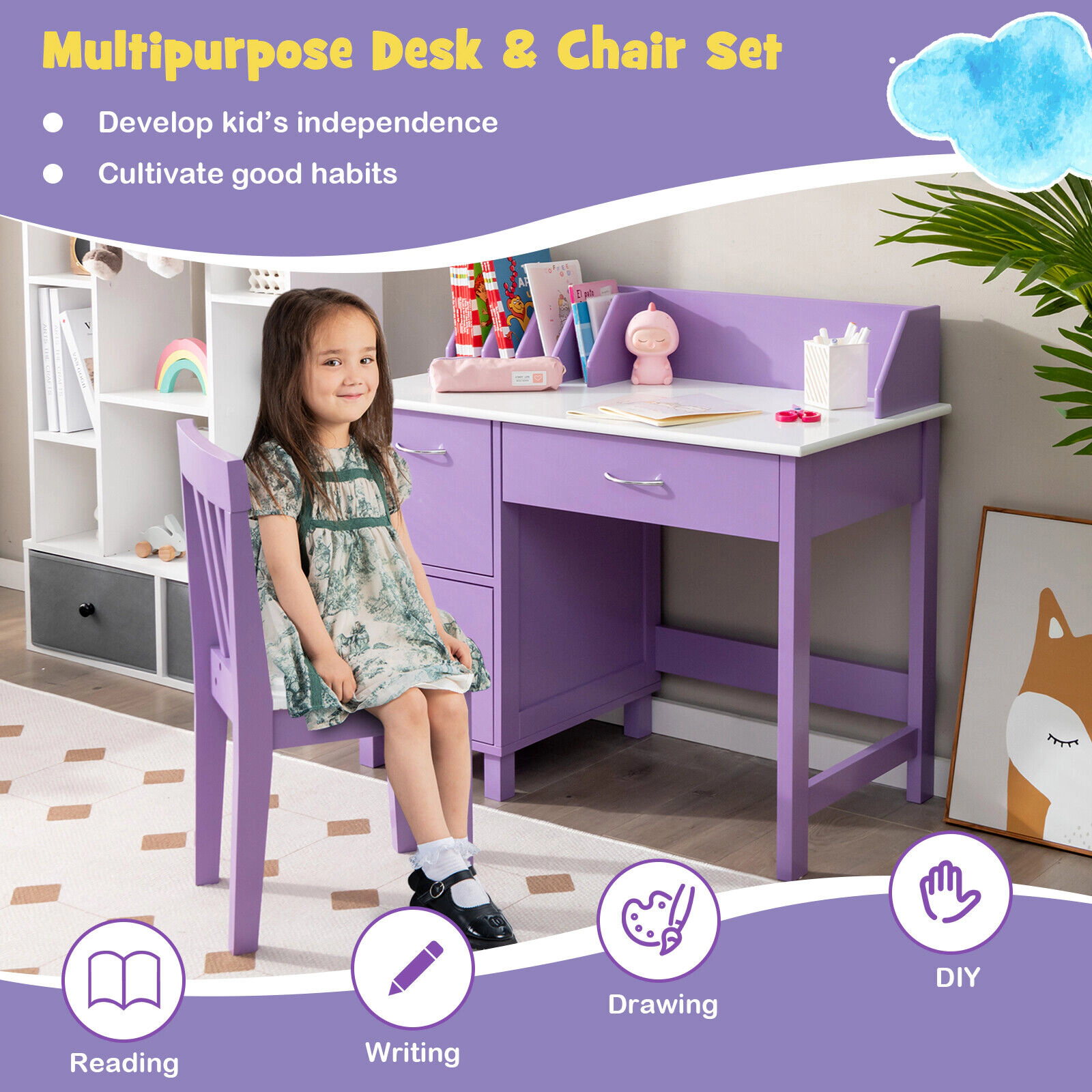 SUGIFT Kids Wooden Writing Desk & Chair Set Drawer & Storage Cabinet 110-lb Table 165-lb Chair Capacity Ages 3+ Purple
