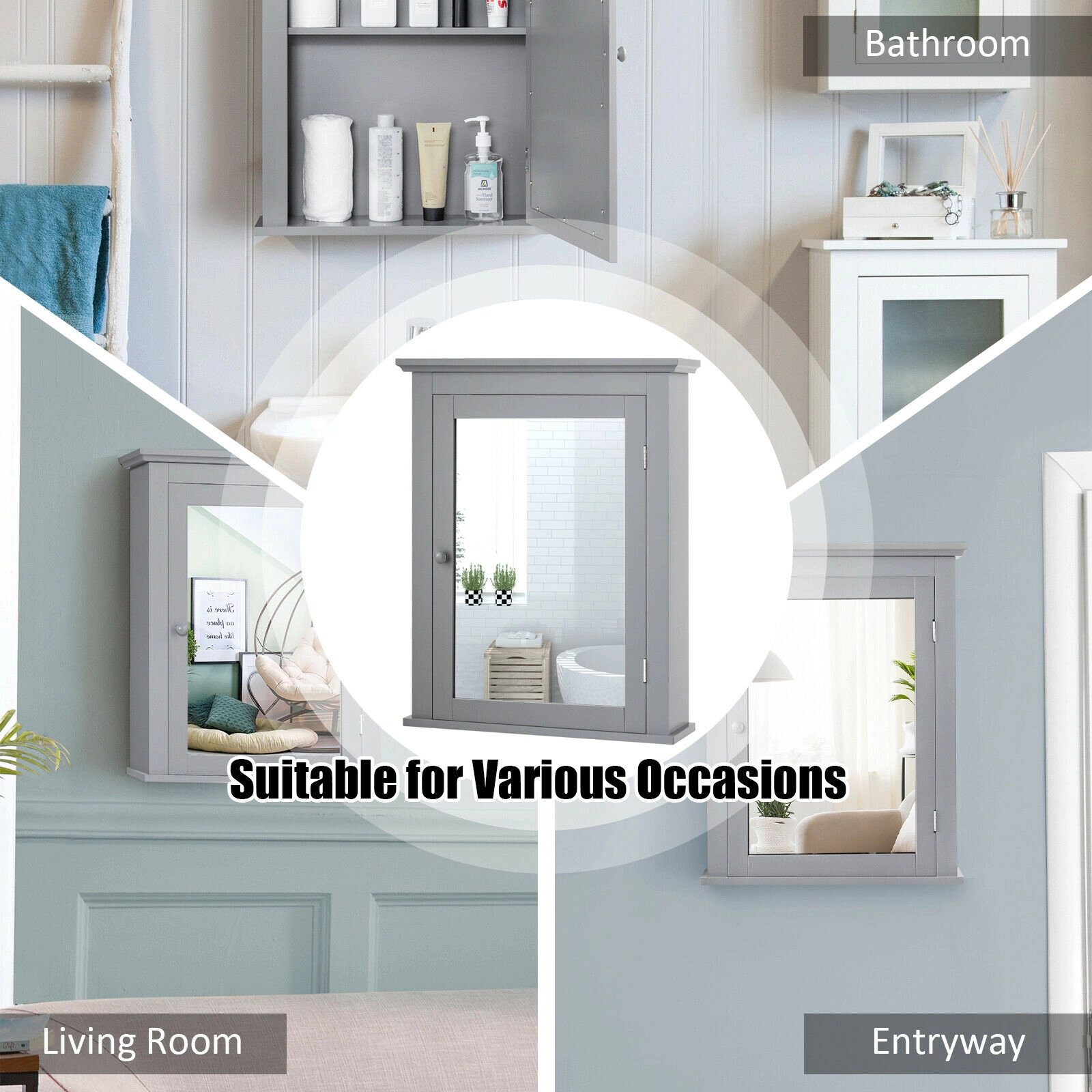 SUGIFT Mirrored Door Waterproof Adjustable Shelves MDF Bathroom Medicine Cabinet 22-in x 6-in x 27.5-in 11-lb Gray