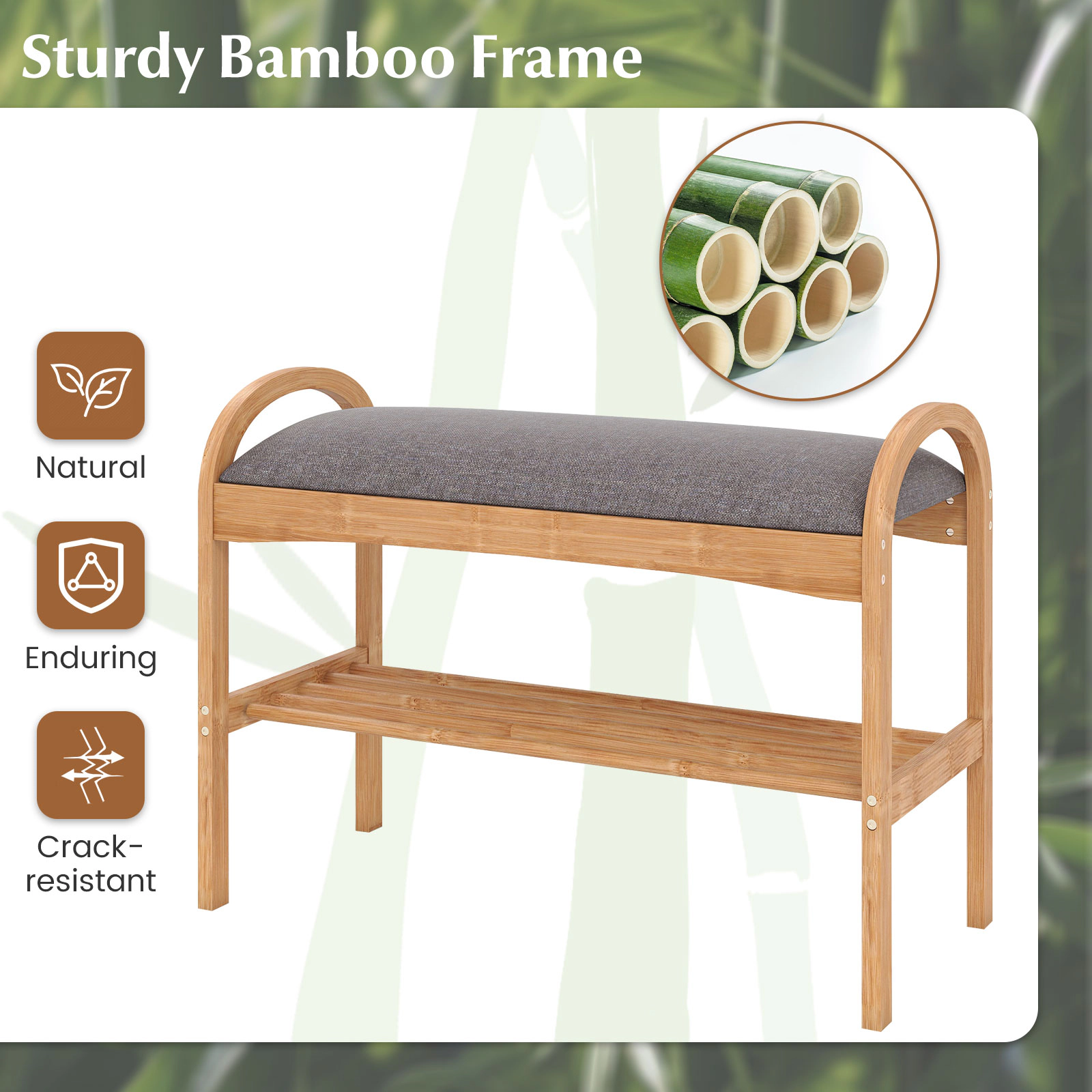 SUGIFT 2-Tier Natural 27.5-in Bamboo Shoe Bench with Padded Cushion for Entryway Hallway and Bedroom