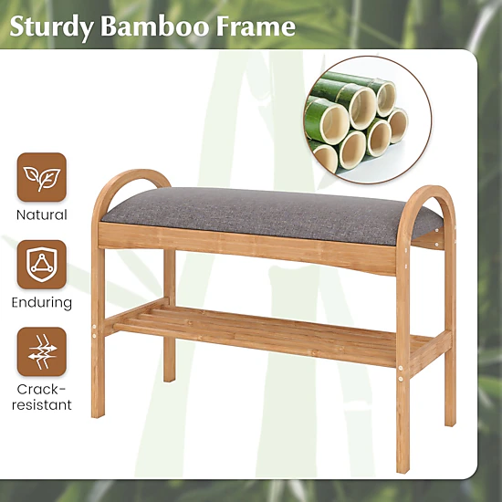 SUGIFT 2-Tier Natural 27.5-in Bamboo Shoe Bench with Padded Cushion for Entryway Hallway and Bedroom