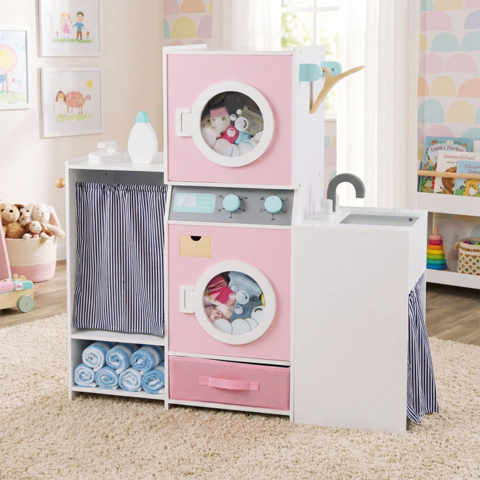 SUGIFT Wooden Kids Laundry Playset with Ironing Board Washer Dryer Sink Ages 3+ Pink