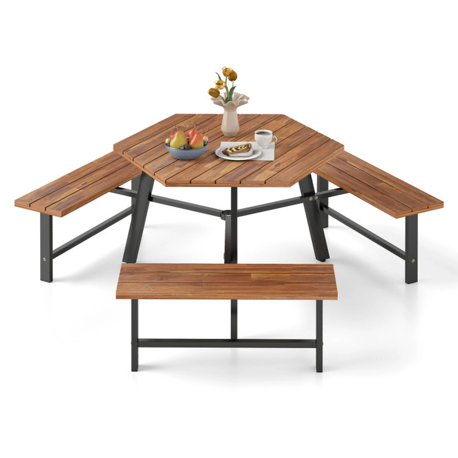 SUGIFT Acacia Wood Picnic Table Bench Set for 6 with 3 Seats and Umbrella Hole