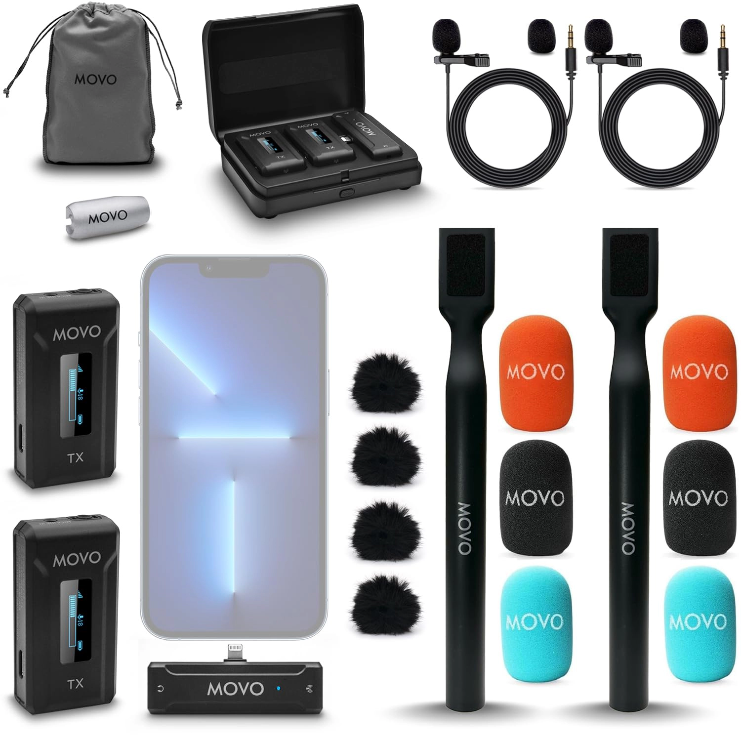 Movo WMX-2-L-Duo Dual Wireless Lavalier Microphone for iPhone/Lightning Devices with WMX-HM Handheld Adapter