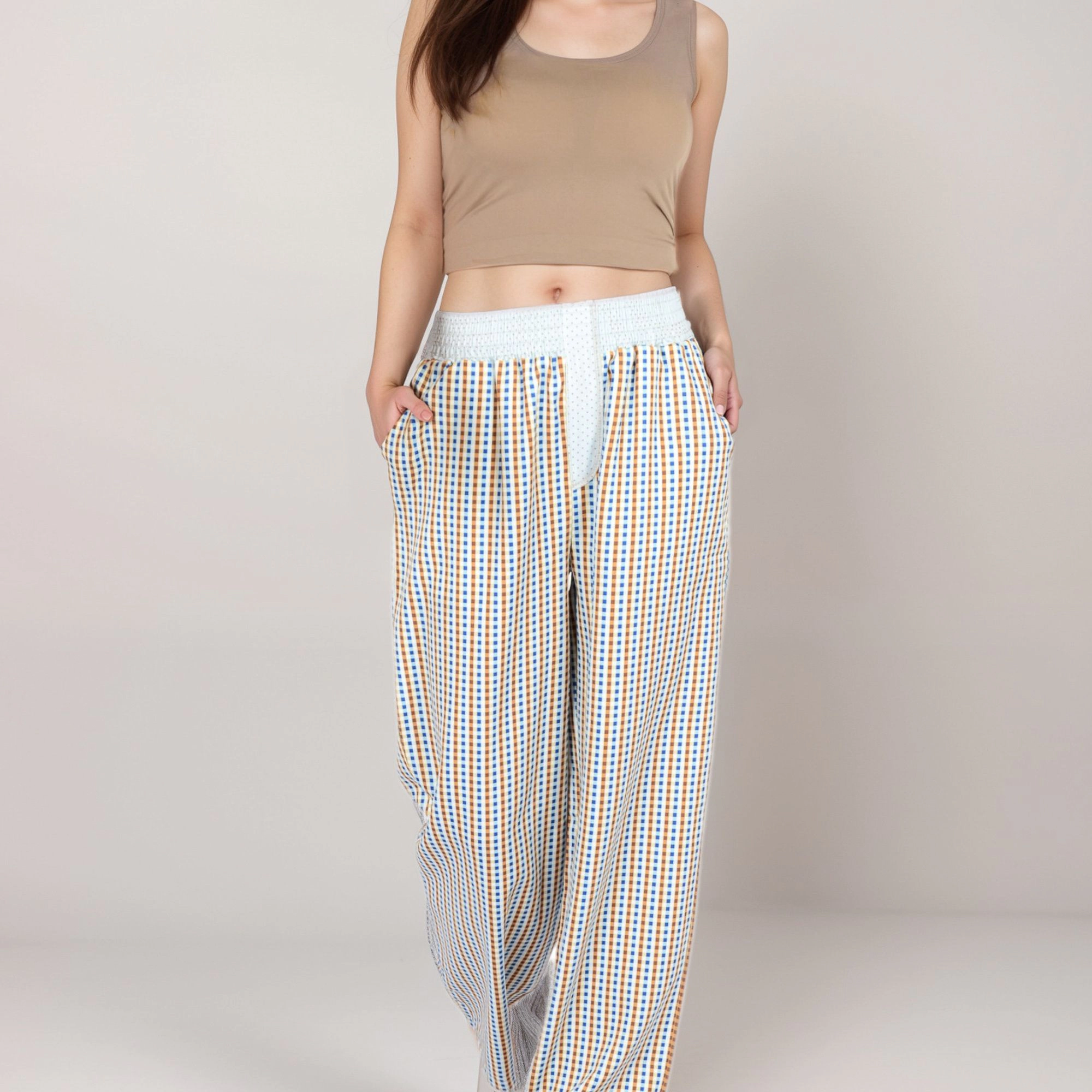 Anna-Kaci Women's Red Vertical Stripe Wide Leg Pants with Smocked Waistband Contrast Plaid Detail and Full-Length Fit