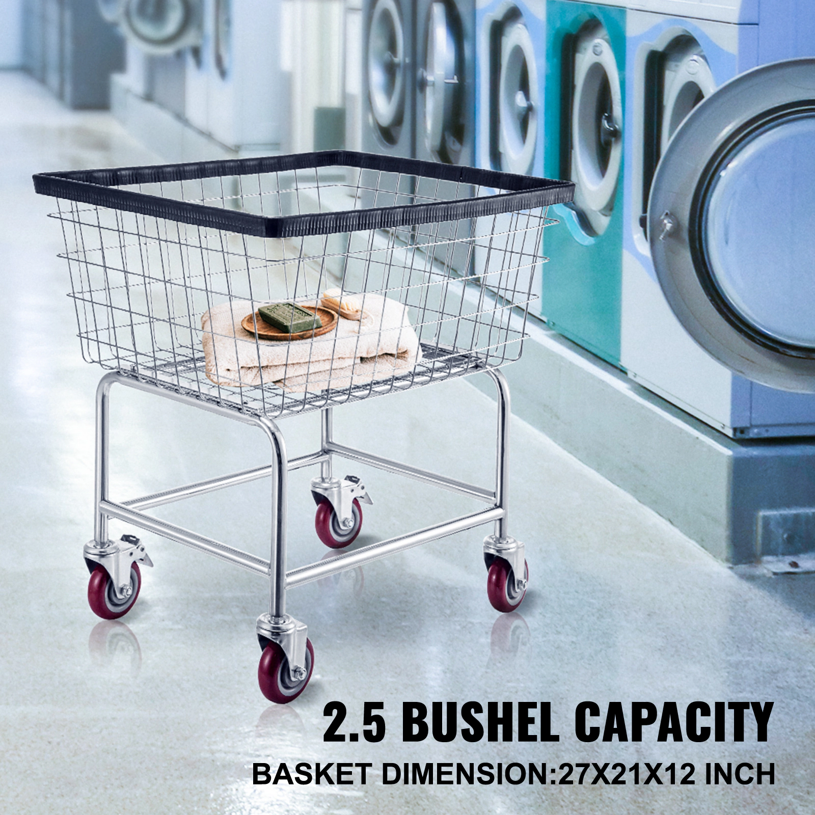 HONGGE Commercial Wire Laundry Cart with Wheels, 2.5 Bushel Steel Basket, 26.7 x 21.7 x 26.4 Inch